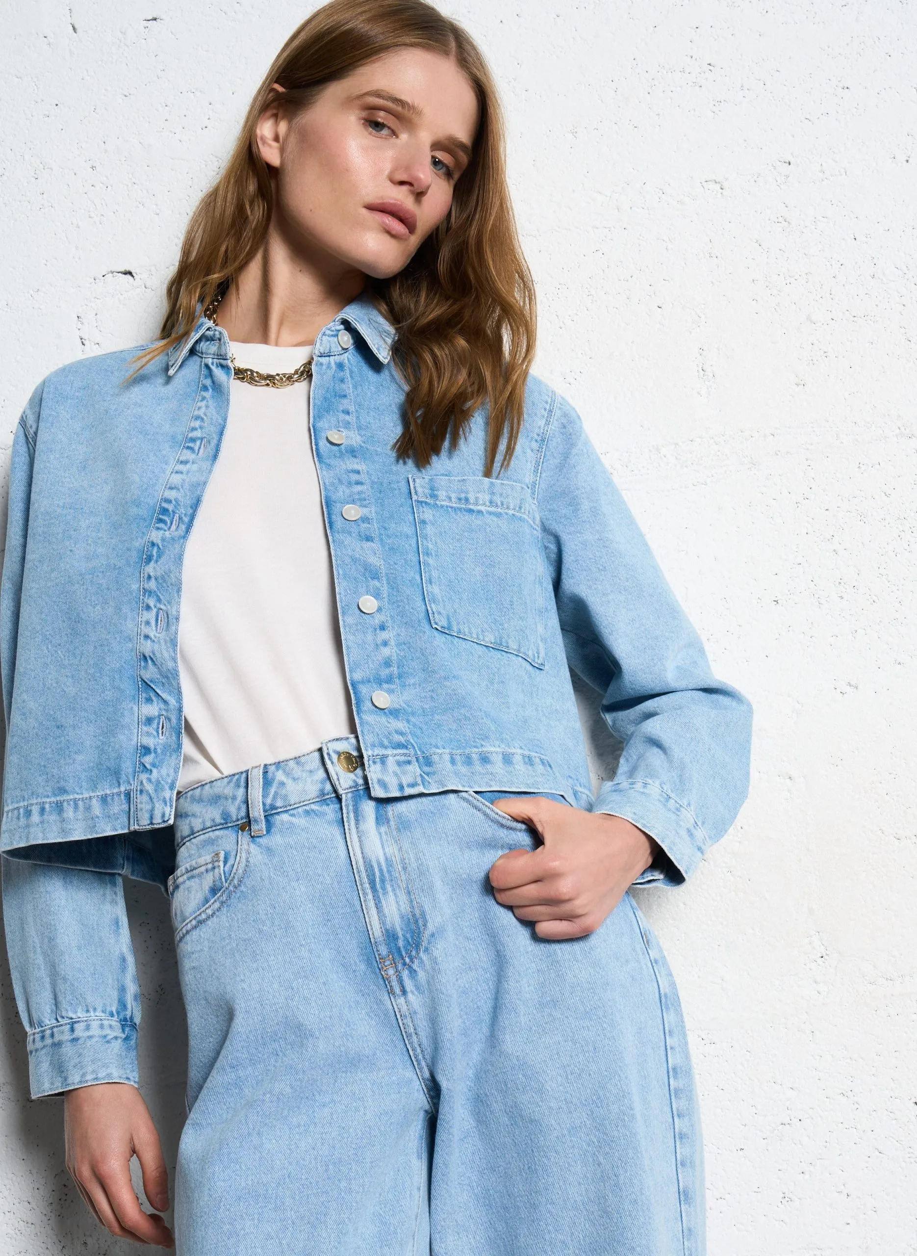 Chemise courte en denim de coton Bleu LAZARE