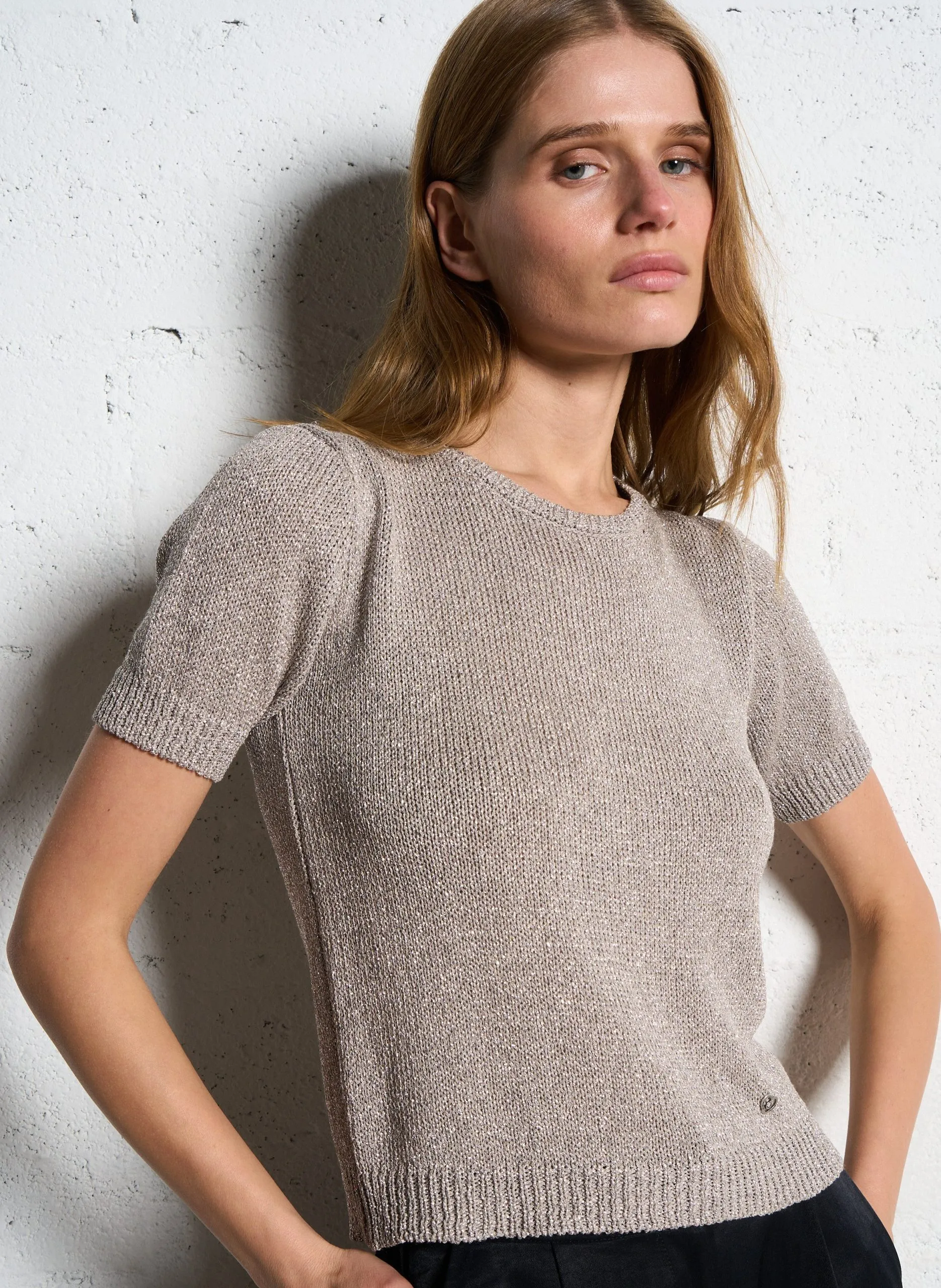 Pull col rond métallisé Beige