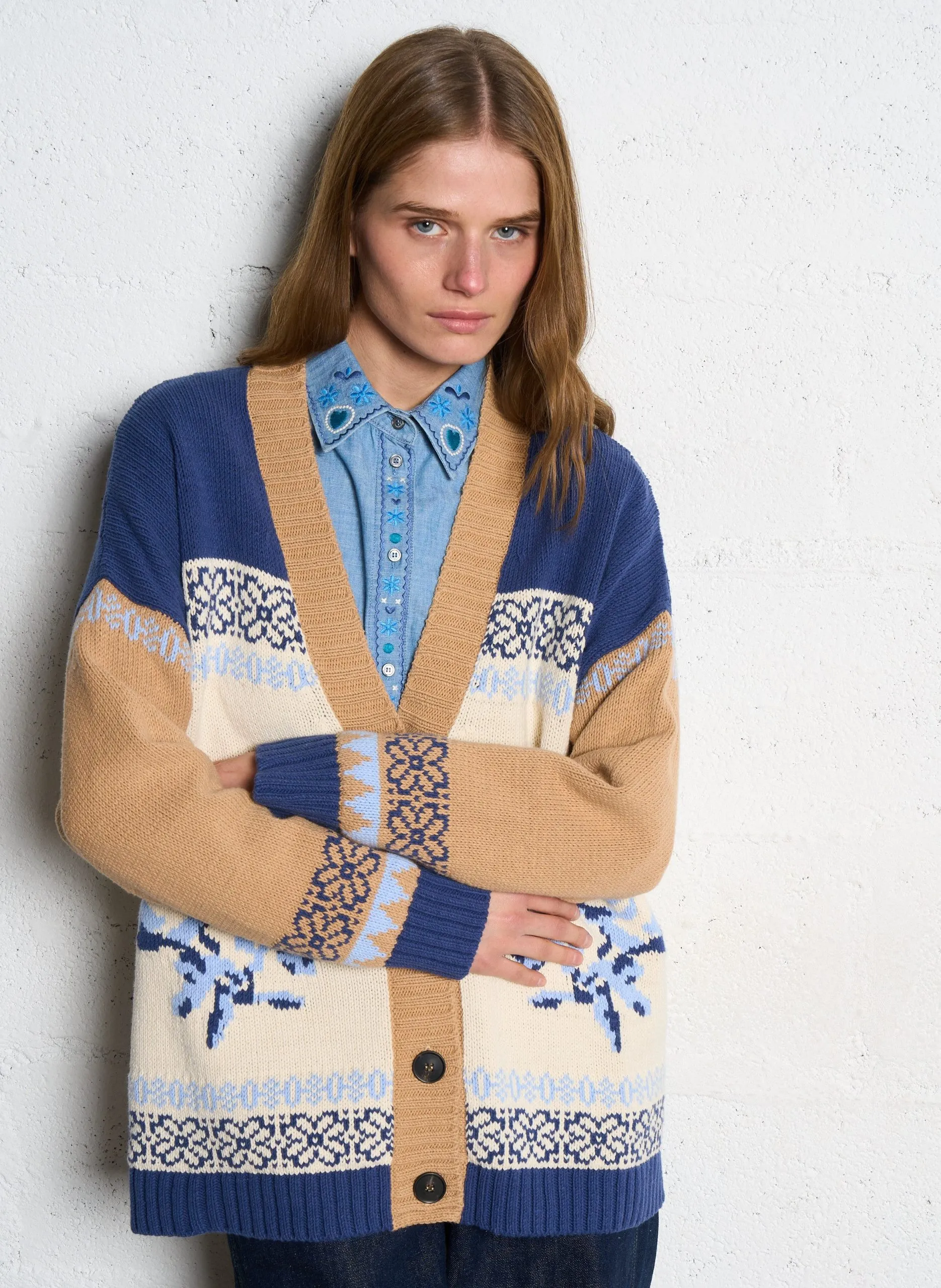 Gilet ample boutonnée en maille imprimée Bleu HENRY