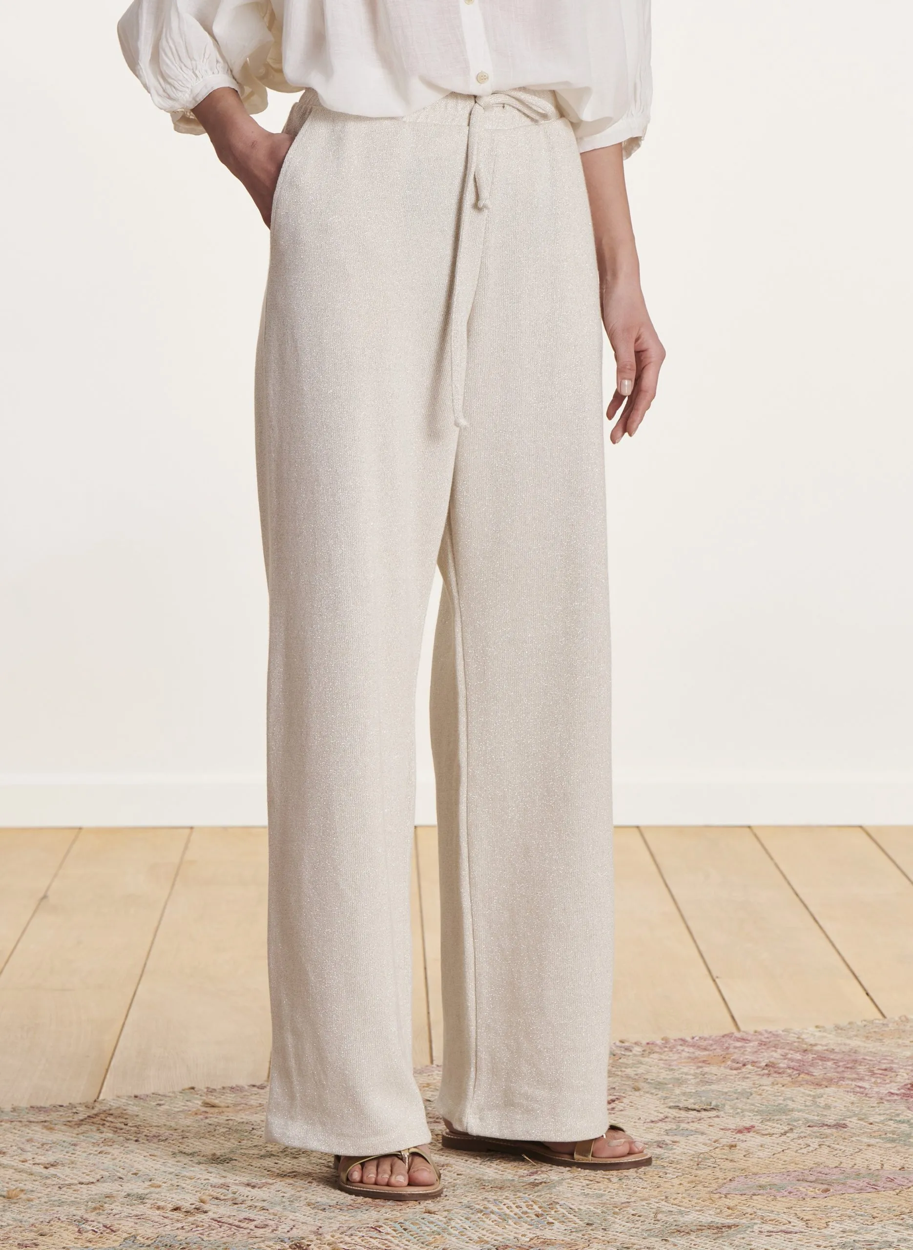 Pantalon large taille haute en coton mélangé Blanc