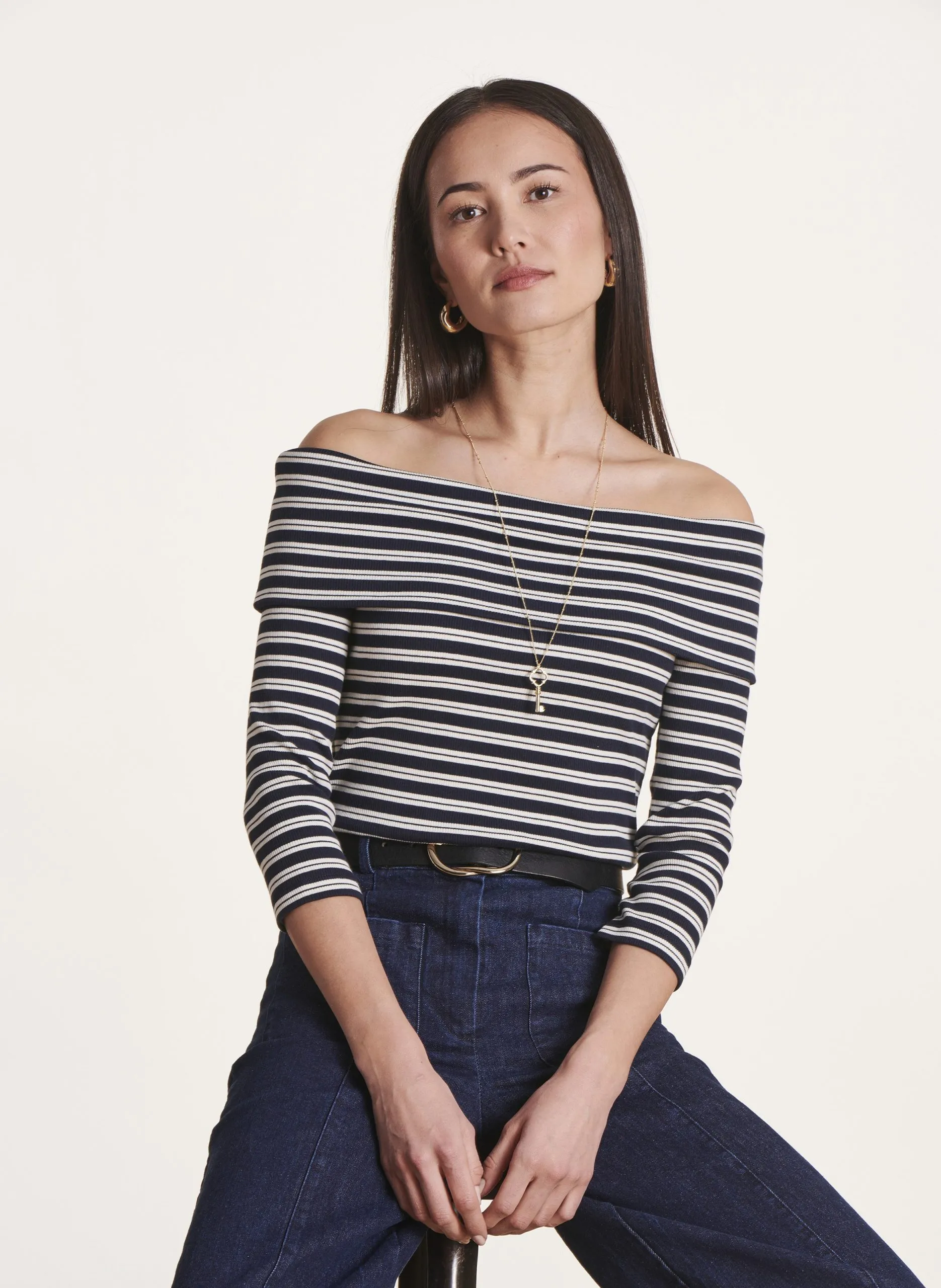 Top ajusté col bateau en coton biologique Bleu