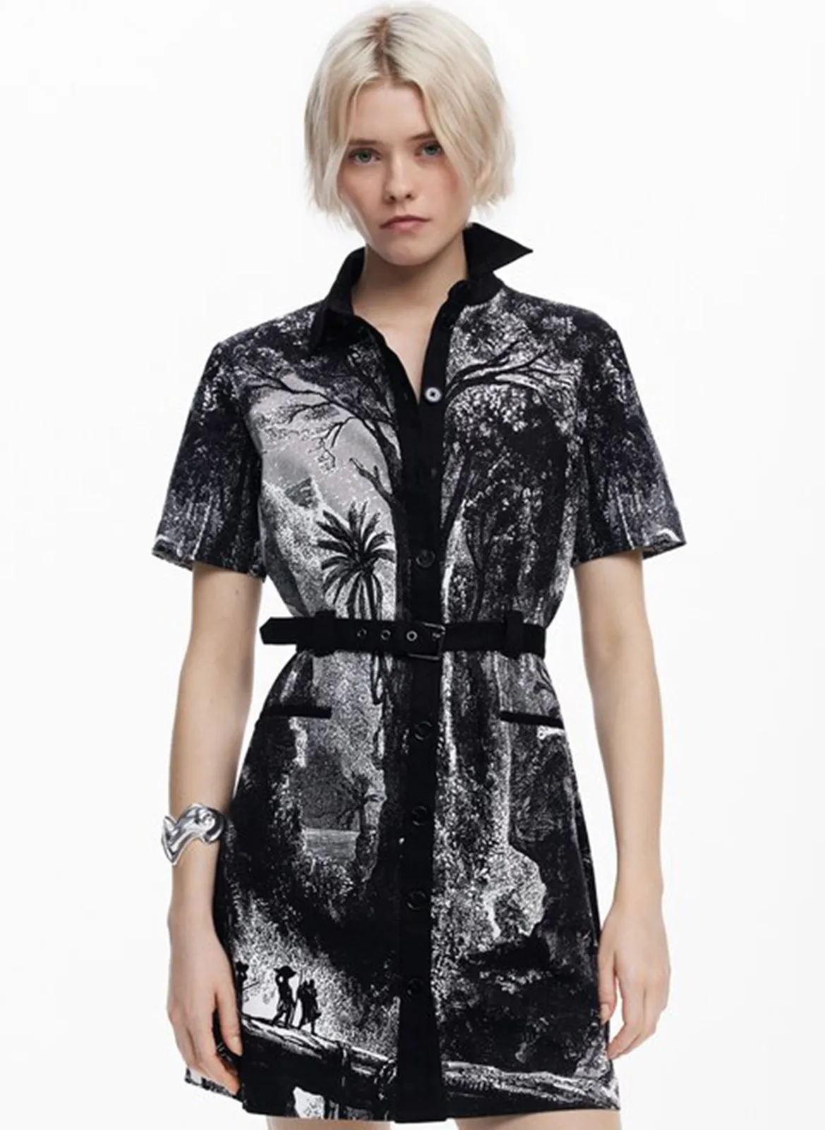 Robe courte imprimée en coton mélangé Noir