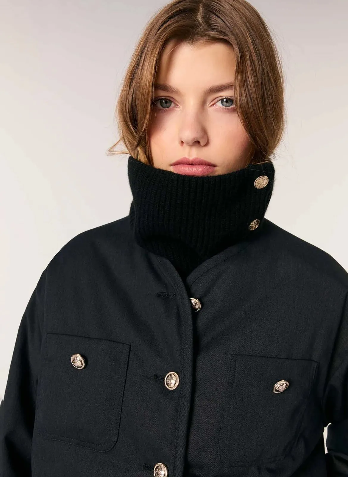 Col roulé amovible en laine mélangée Noir