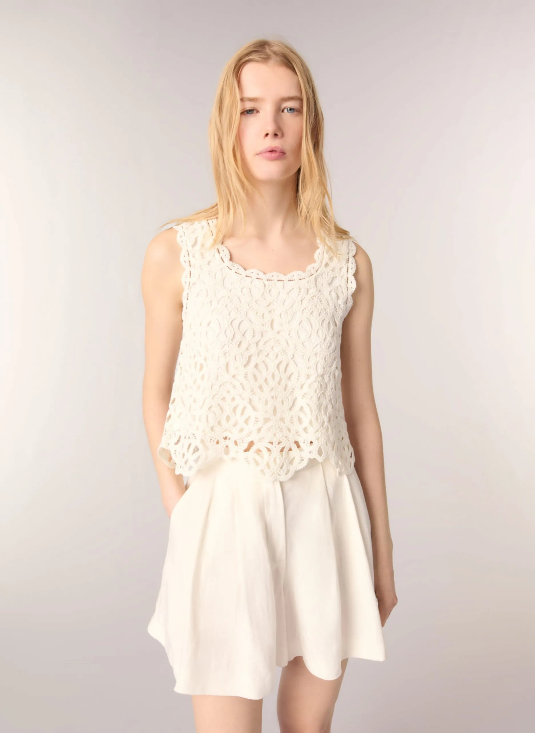 Top col rond en coton Beige