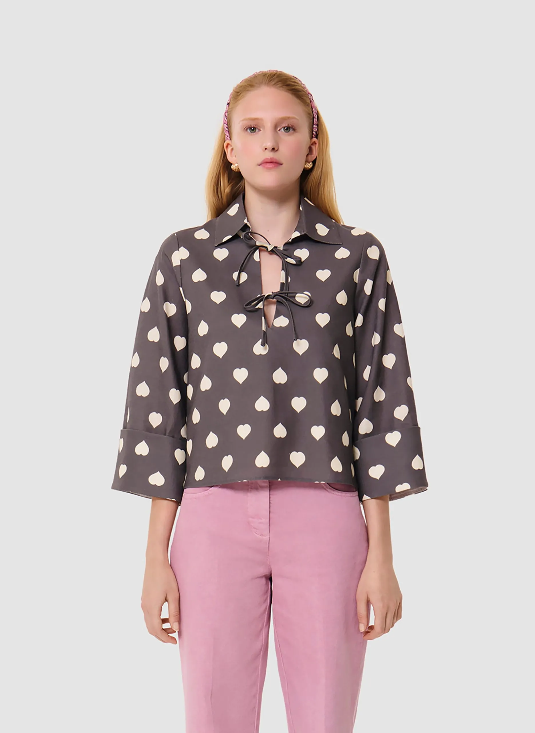 Blouse col chemise en lin mélangé Gris TAO