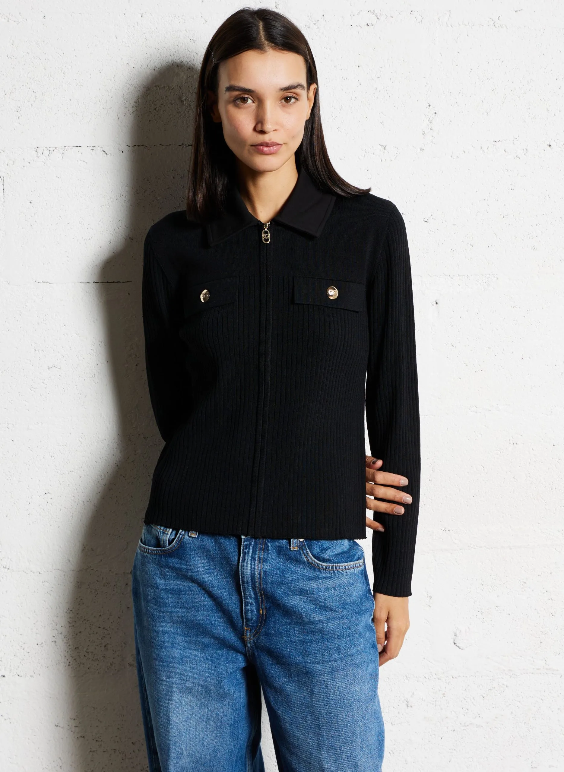 Gilet ajusté à zip en maille côtelée Noir