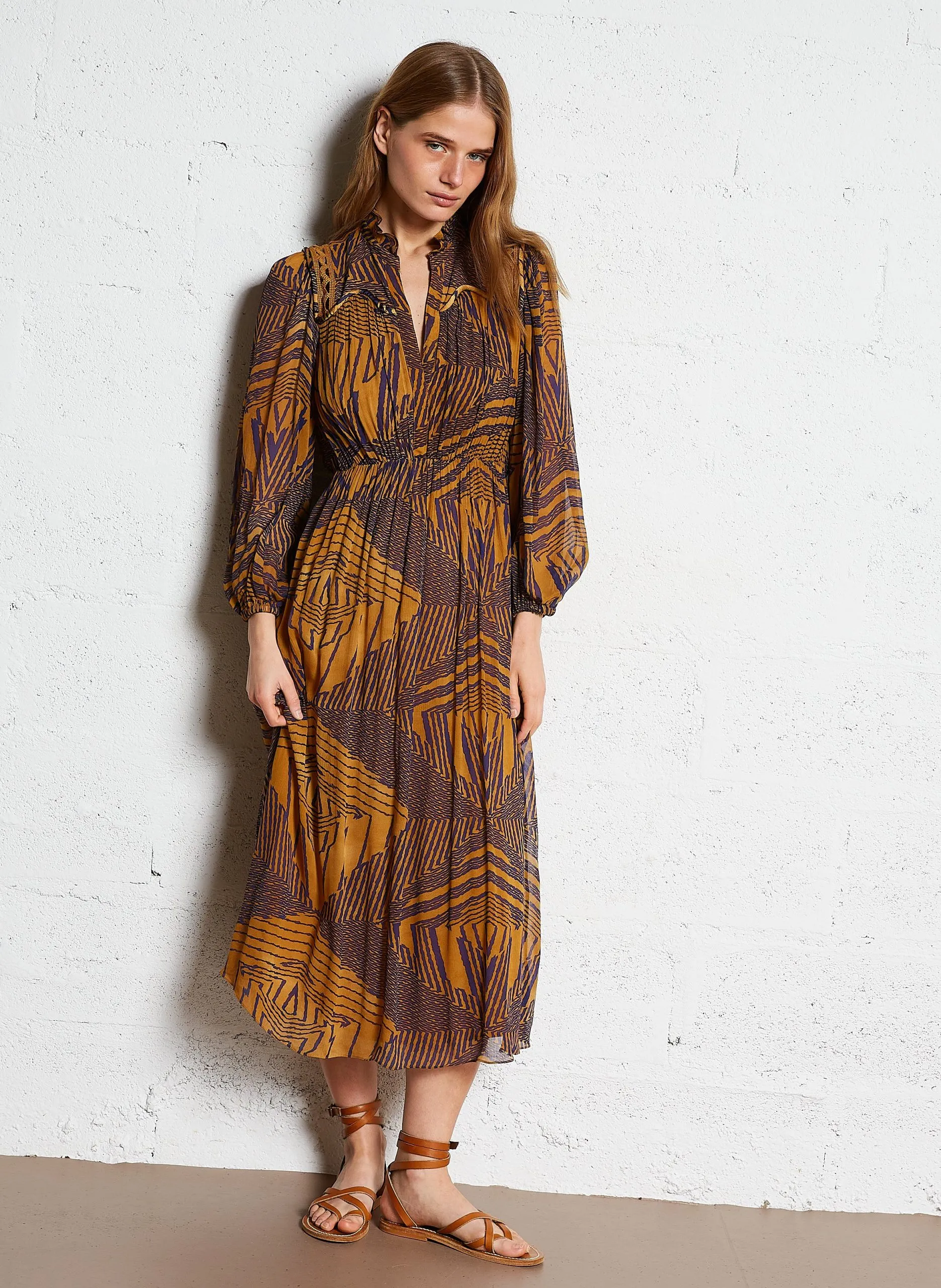 Robe fluide col v à imprimé Orange ANTAL