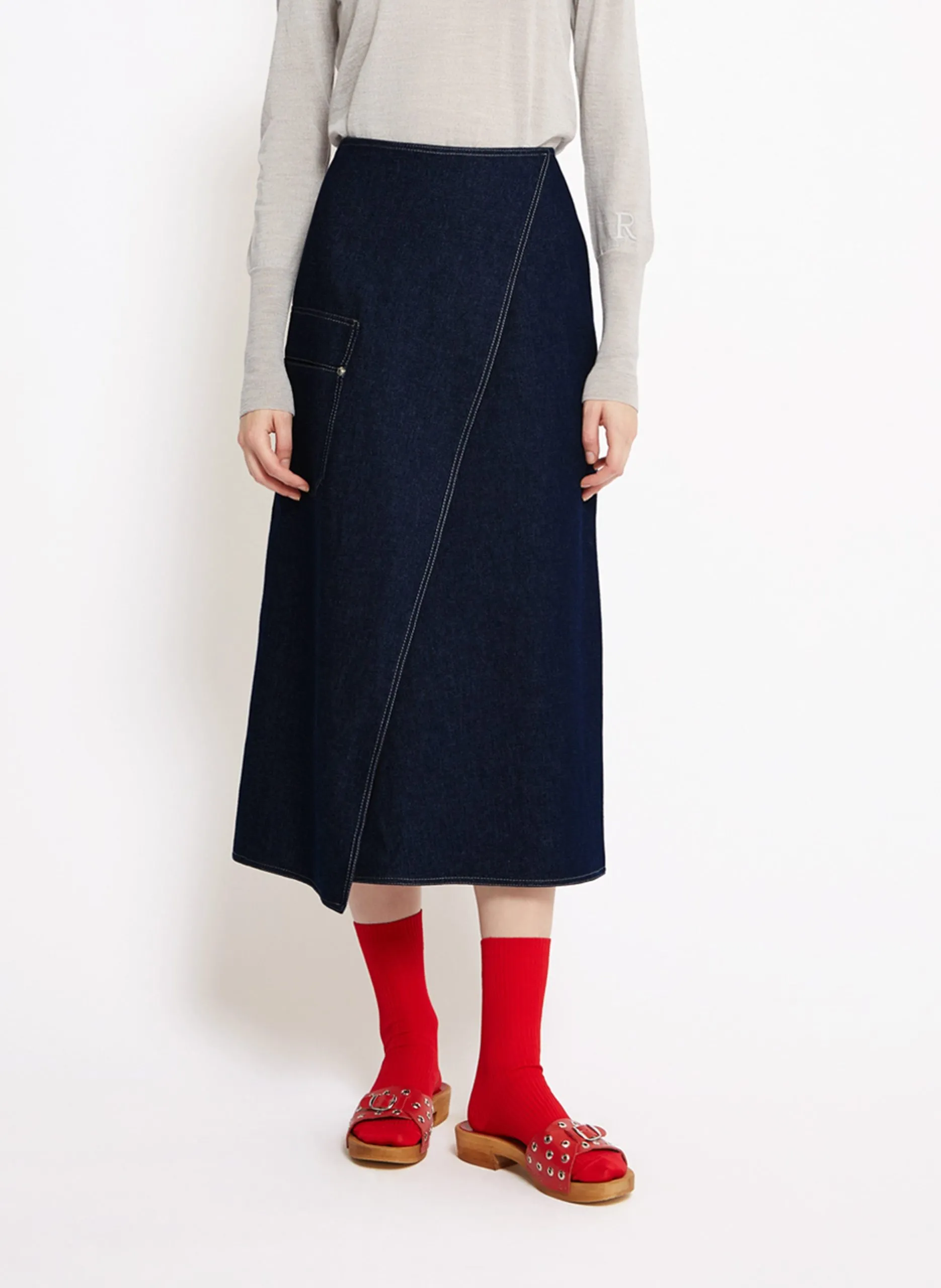 Jupe midi denim en coton Bleu MARTINE