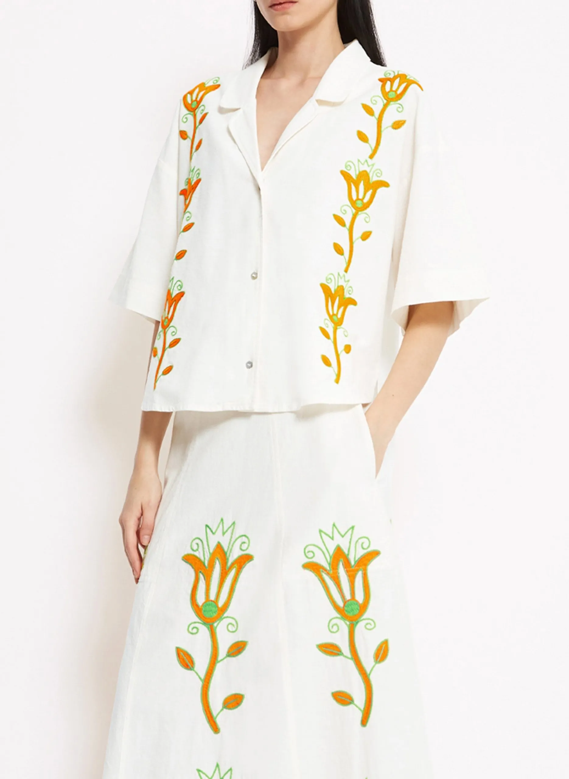 Chemise oversize en coton brodé Beige ROMEO