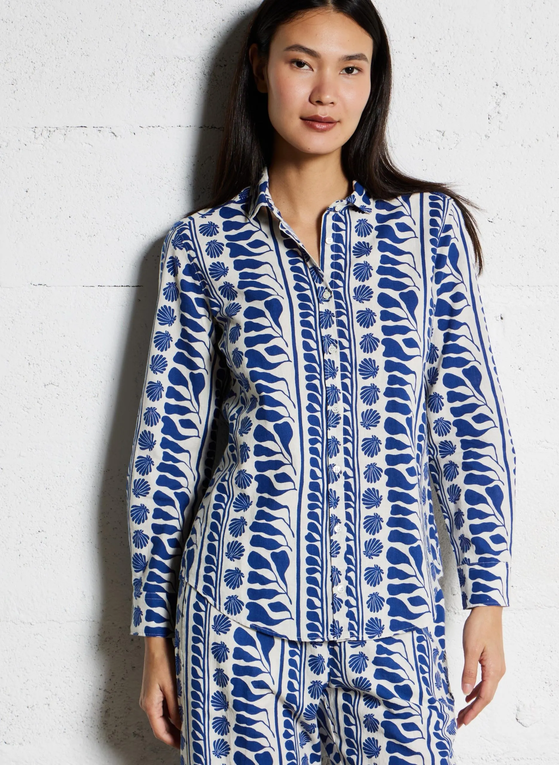 Chemise droite imprimée en coton et lin Bleu CORAZON