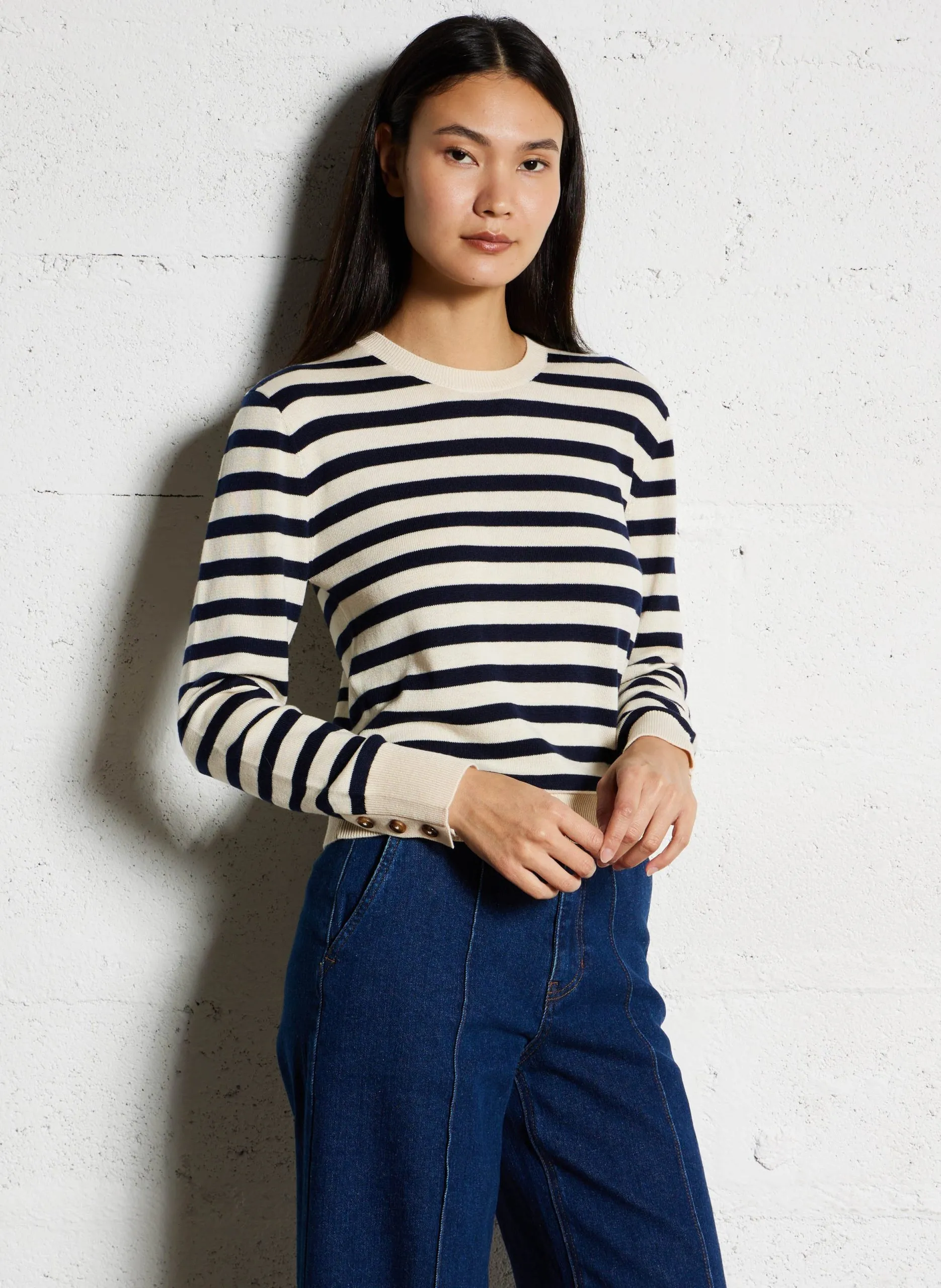 Pull col rond rayé Beige MELINA