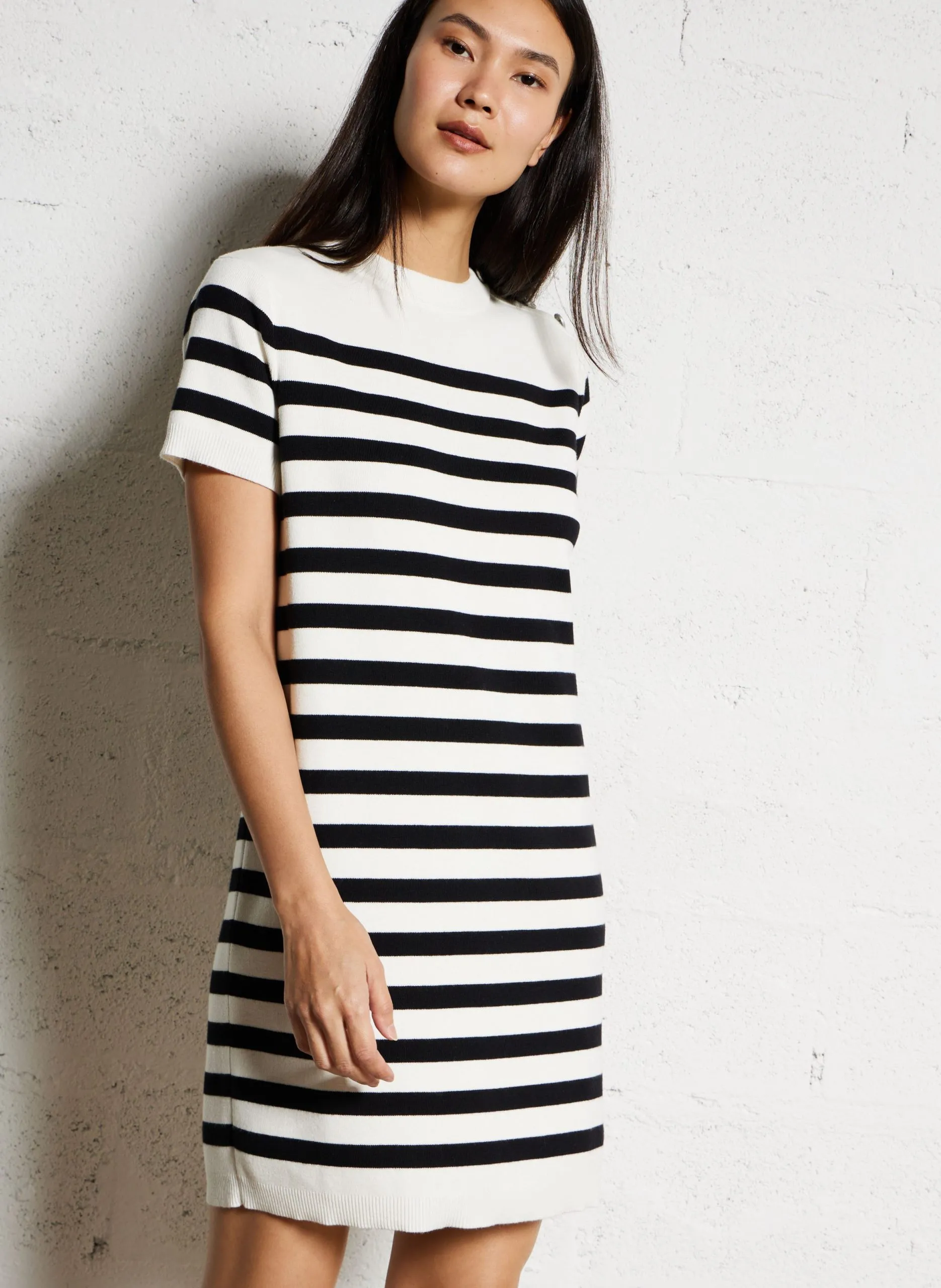 Robe courte col rond en coton mélangé Noir