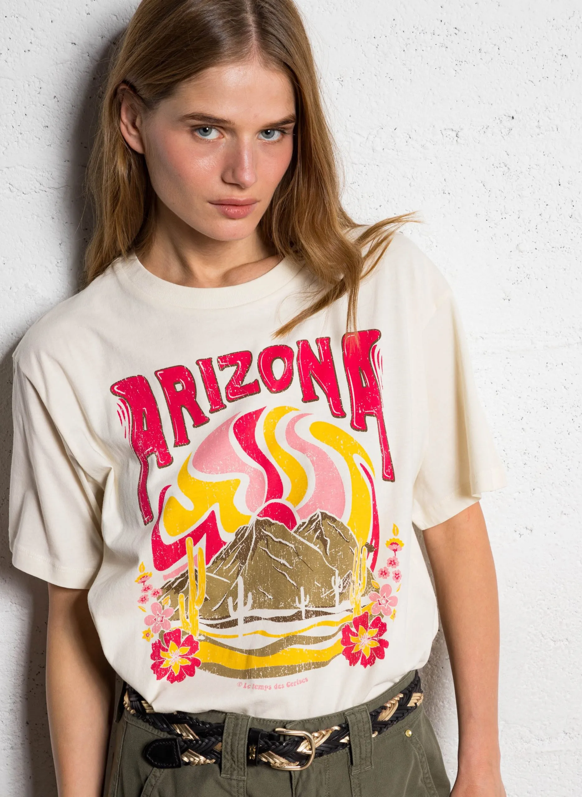 Tee-shirt droit col rond sérigraphié en coton Blanc ANEMA