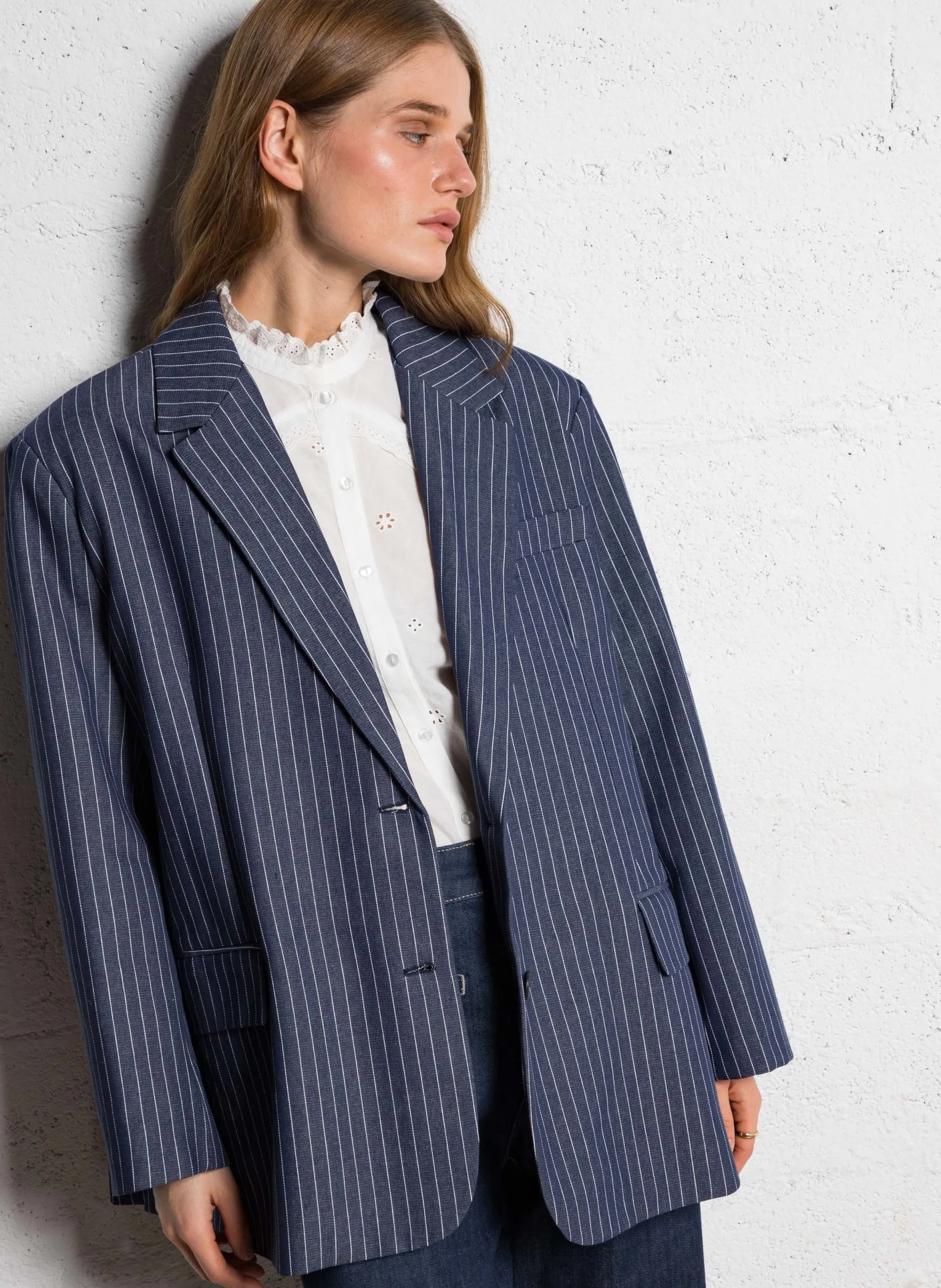Veste oversize en coton rayé Bleu