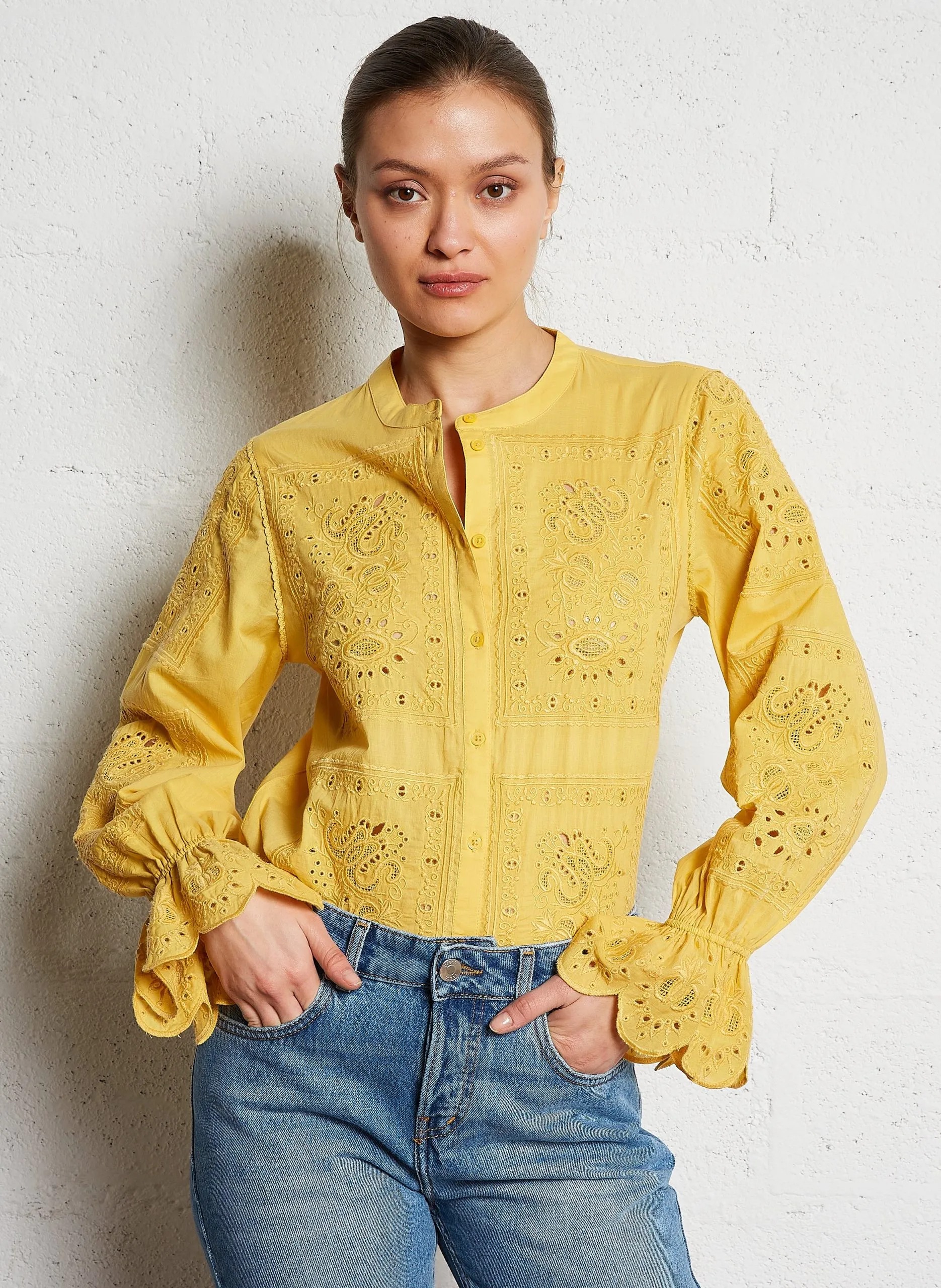 Chemise droite en coton brodé Jaune SORAYA