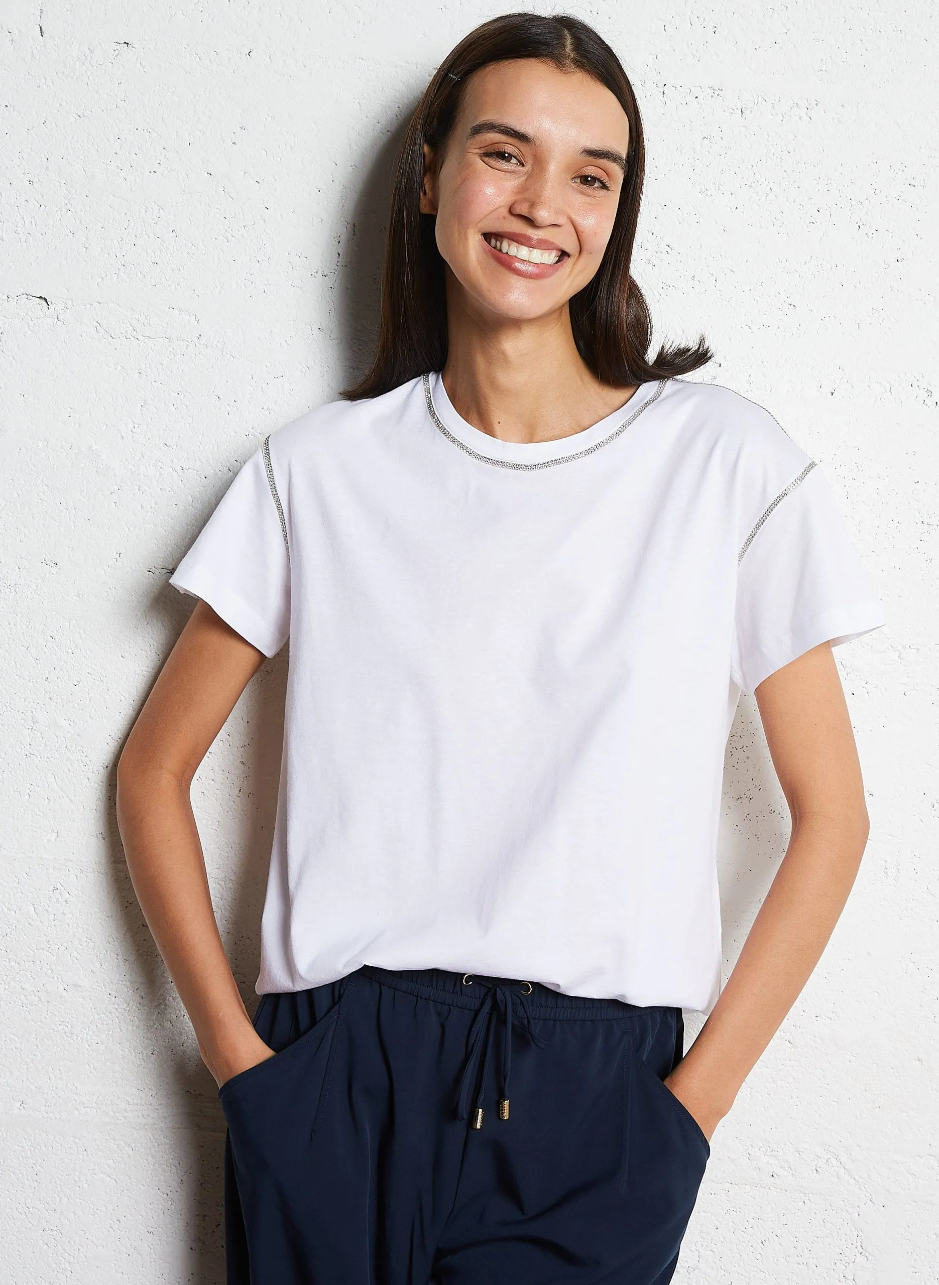 Tee-shirt droit à strass en coton Blanc