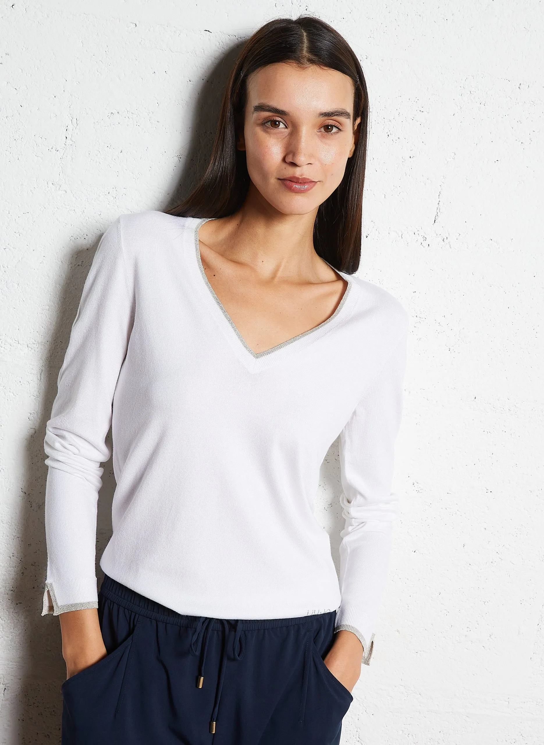 Pull col v à liseré pailleté Blanc