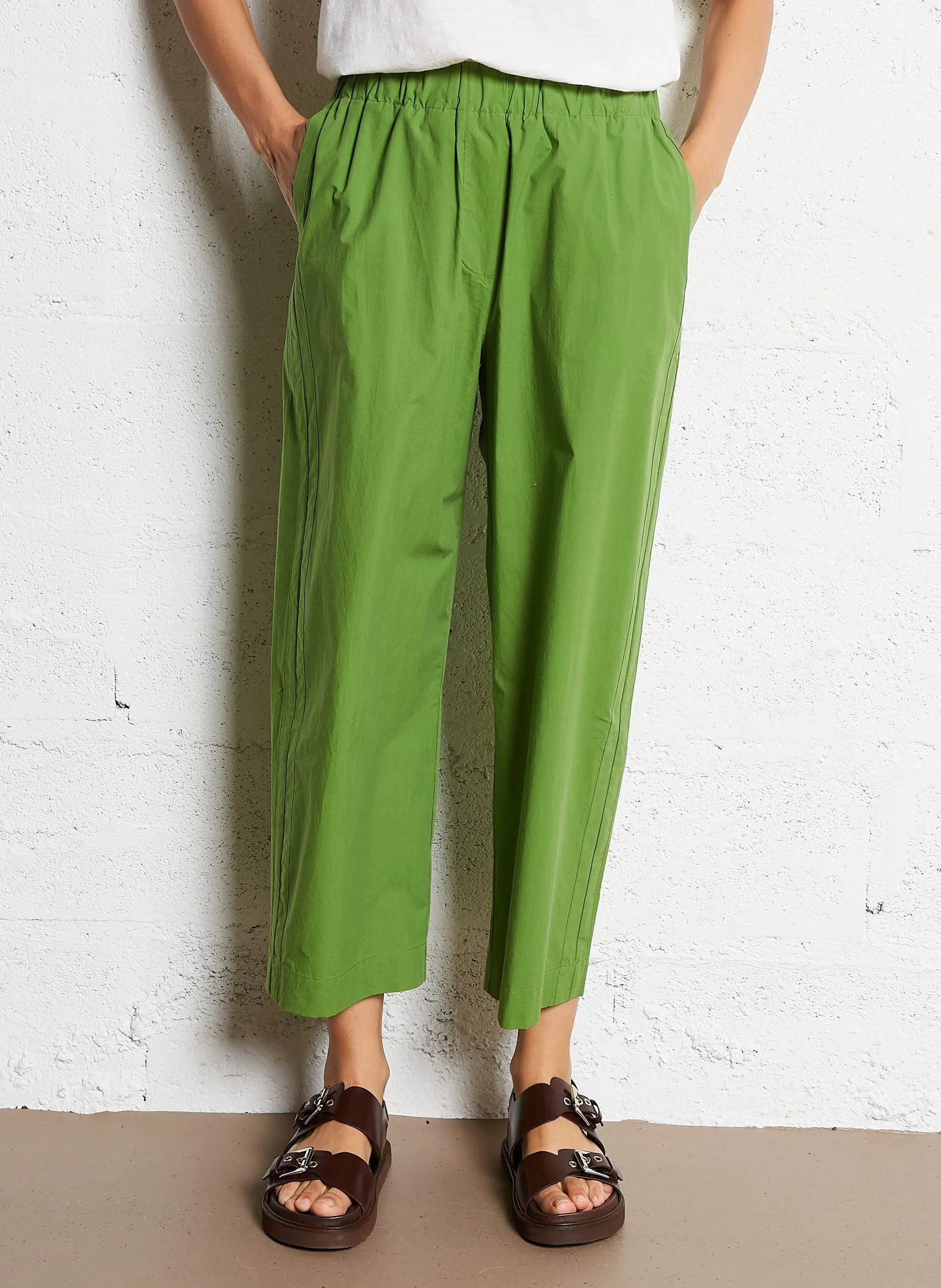 Pantalon large taille haute en coton Vert BONITA