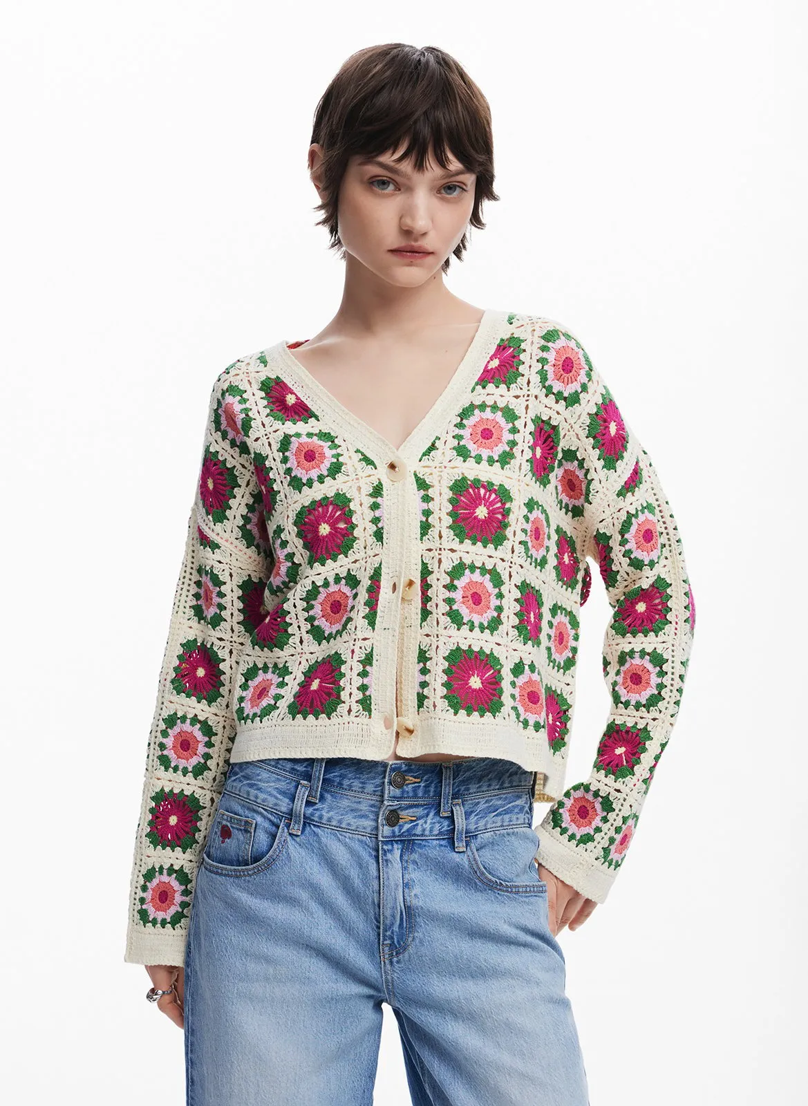 Gilet court aspect crochet Blanc