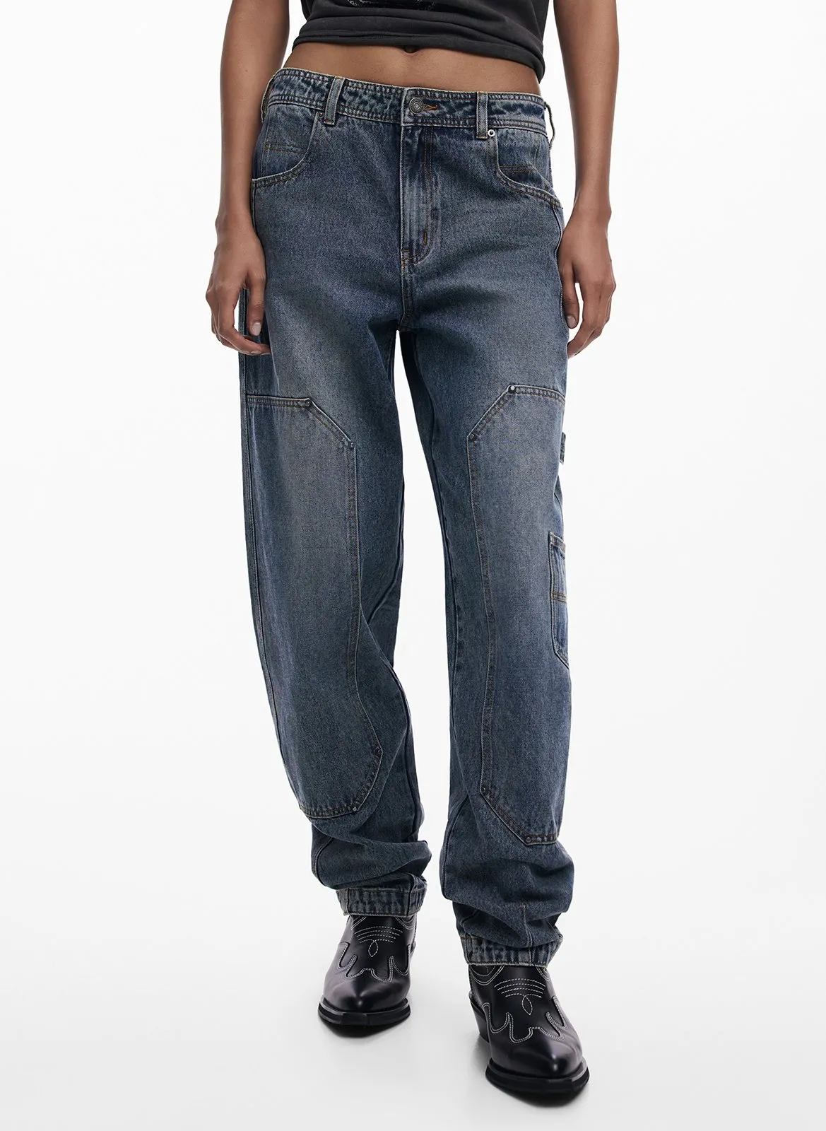 Jean boyfriend usé en coton Bleu