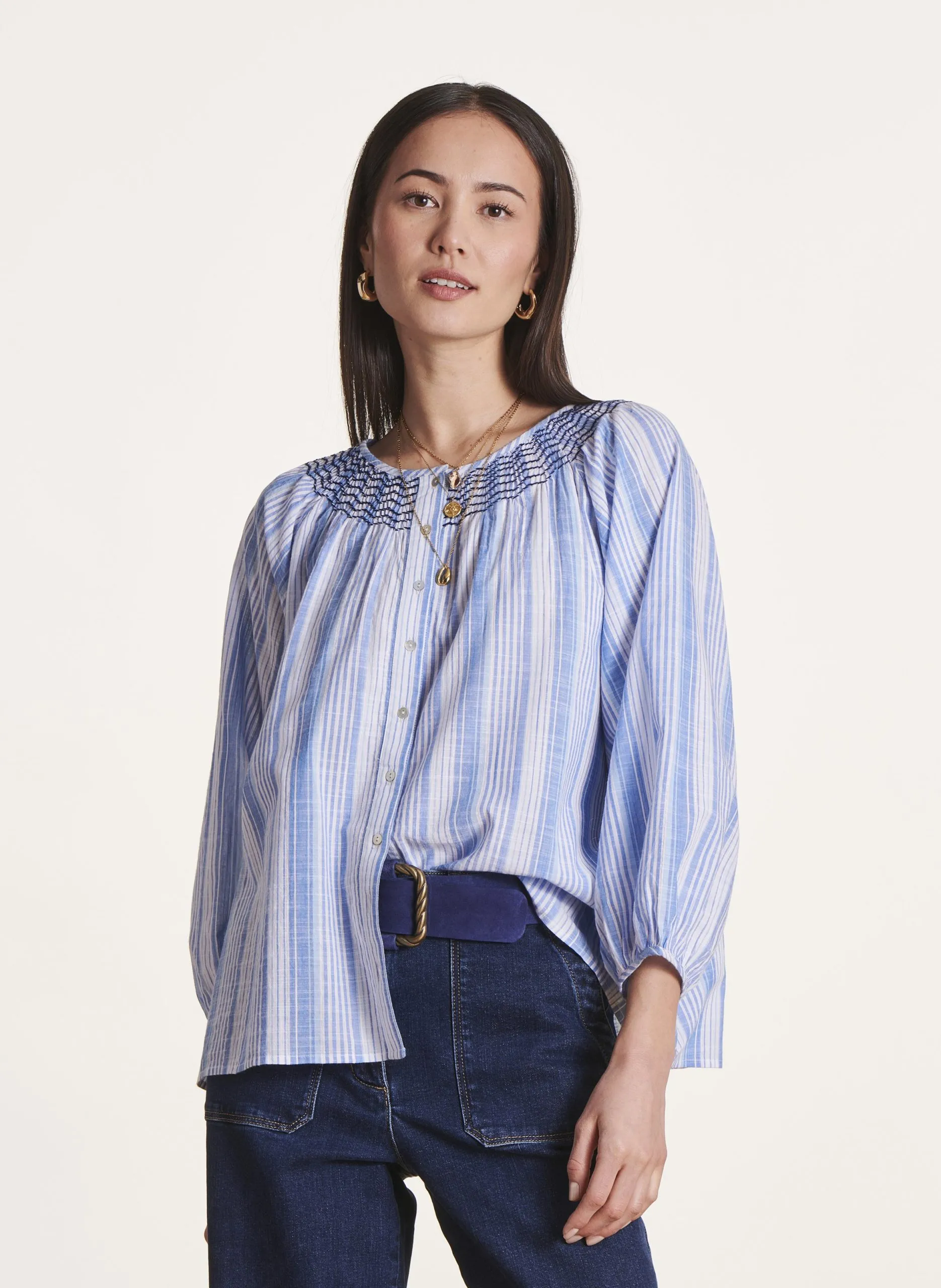 Blouse ample rayée en coton Bleu