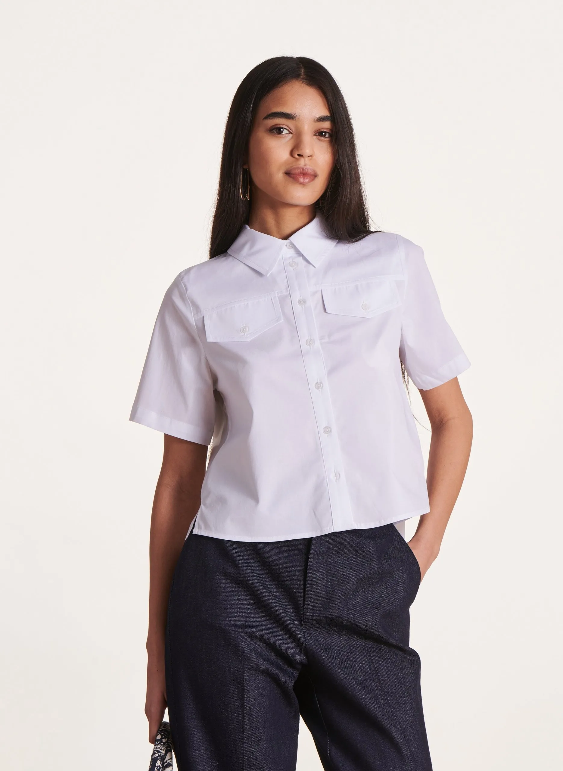 Chemise courte unie plissée au dos Blanc