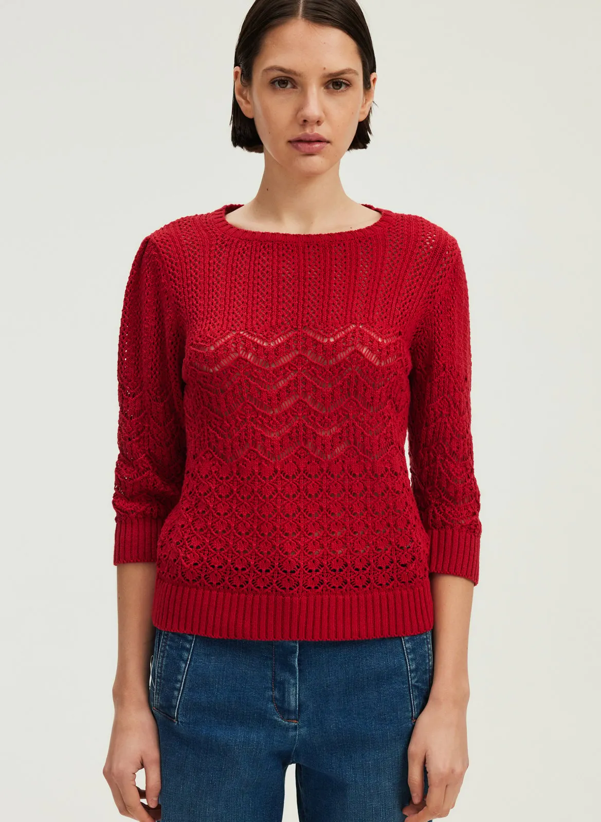 Pull en crochet de coton mélangé Rouge JANICE