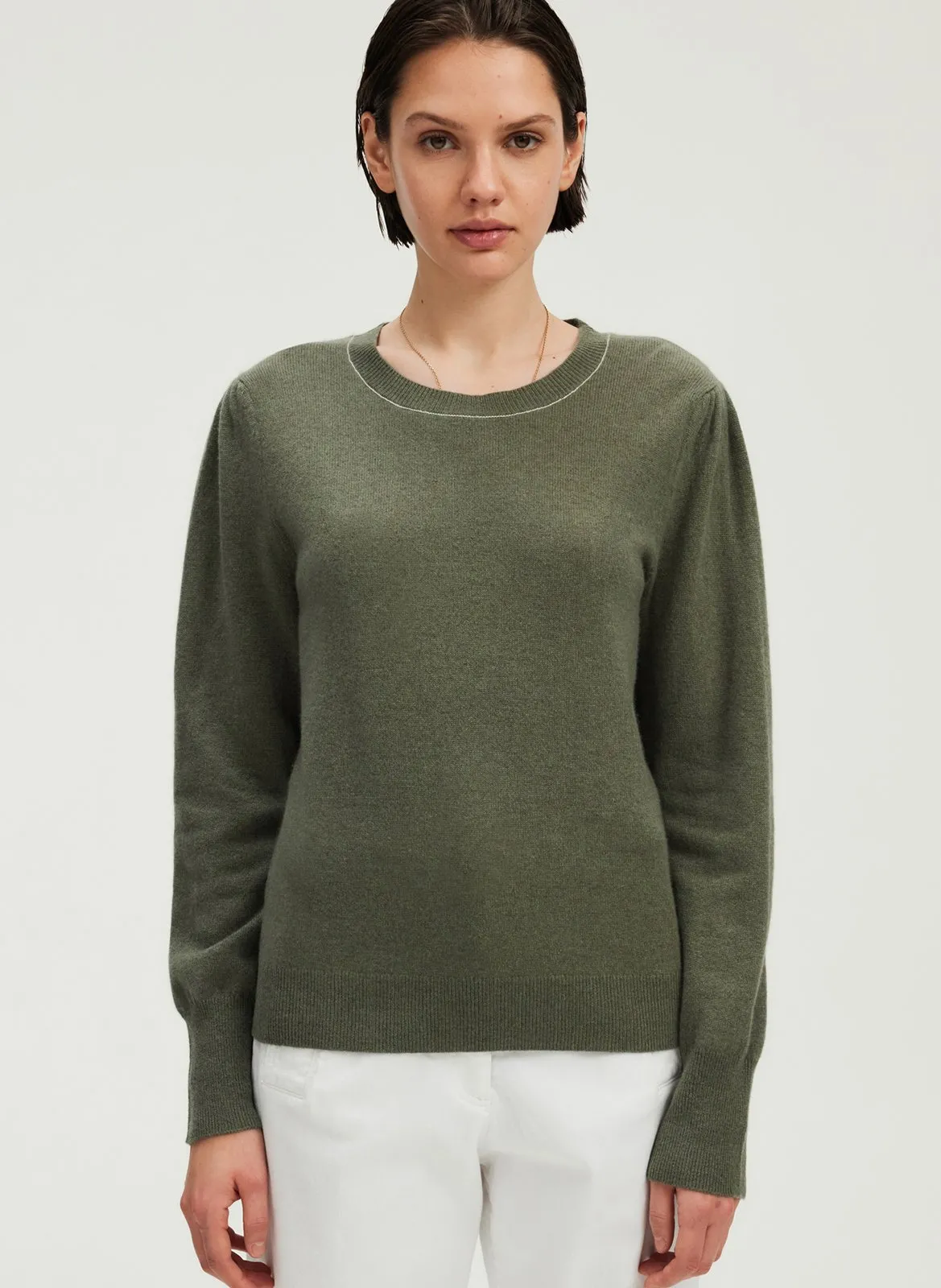 Pull droit col rond en cachemire Kaki JETTY