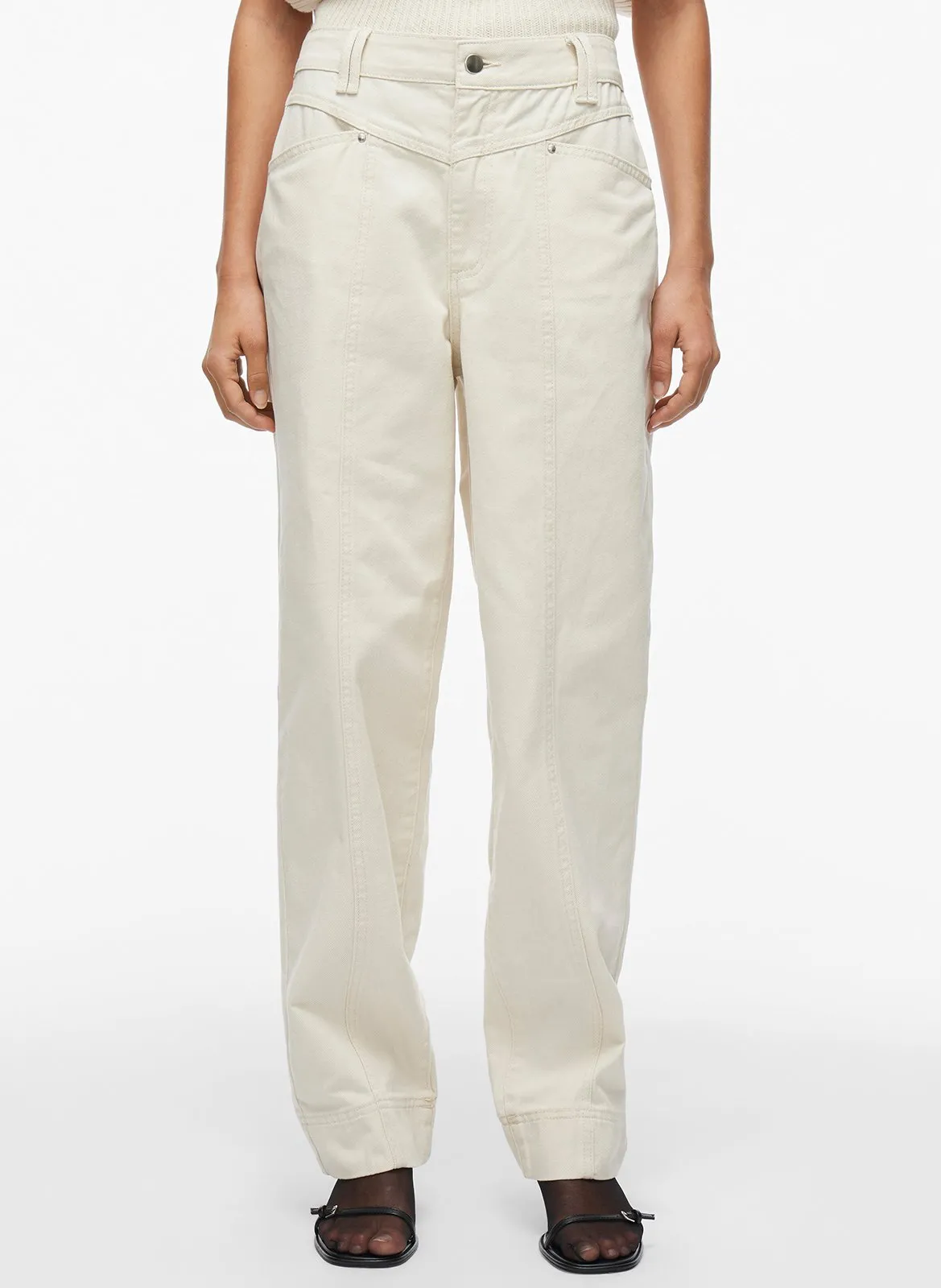 Jean droit taille haute en coton Beige