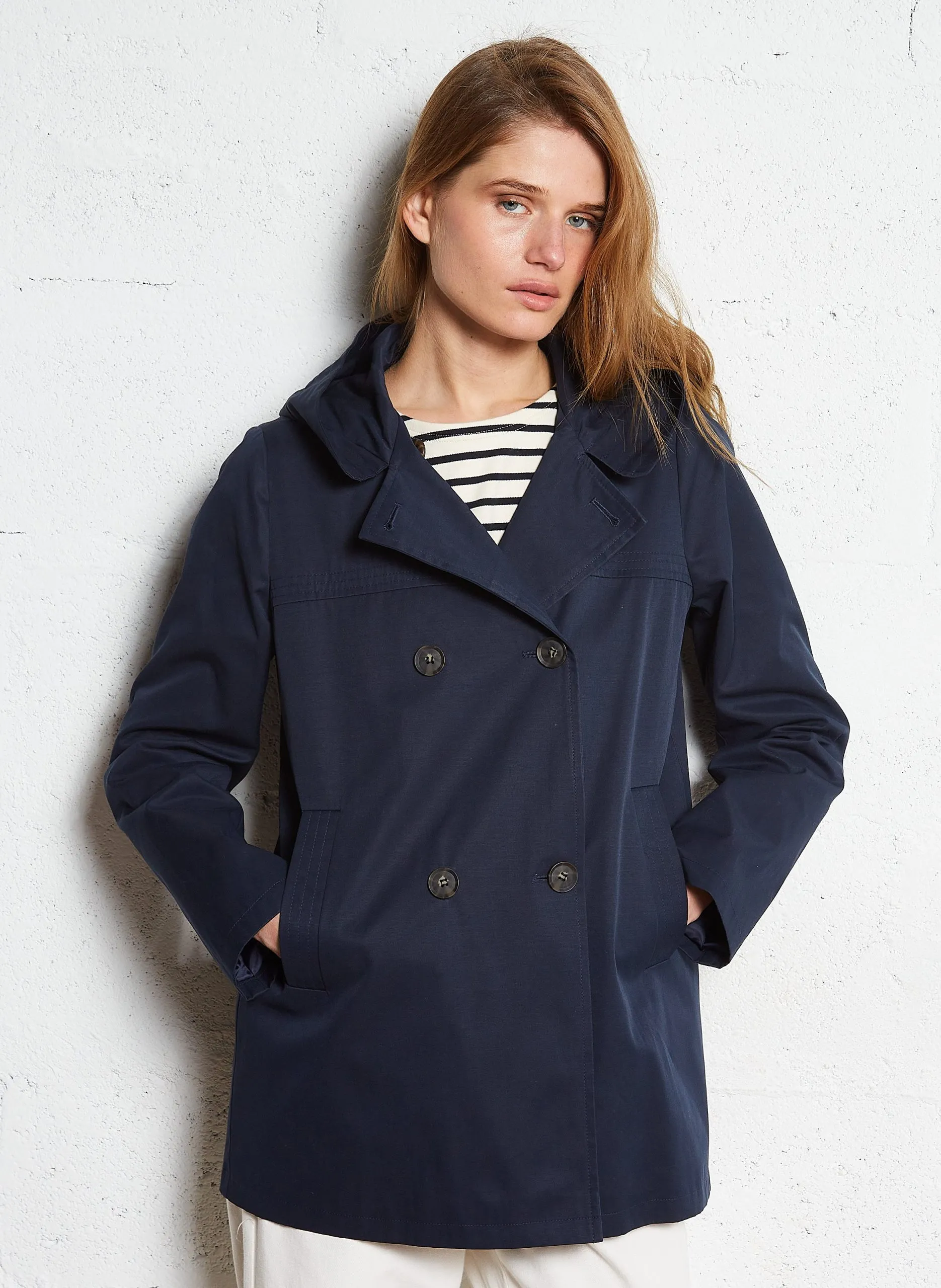 Veste boutonnée droite à capuche Bleu