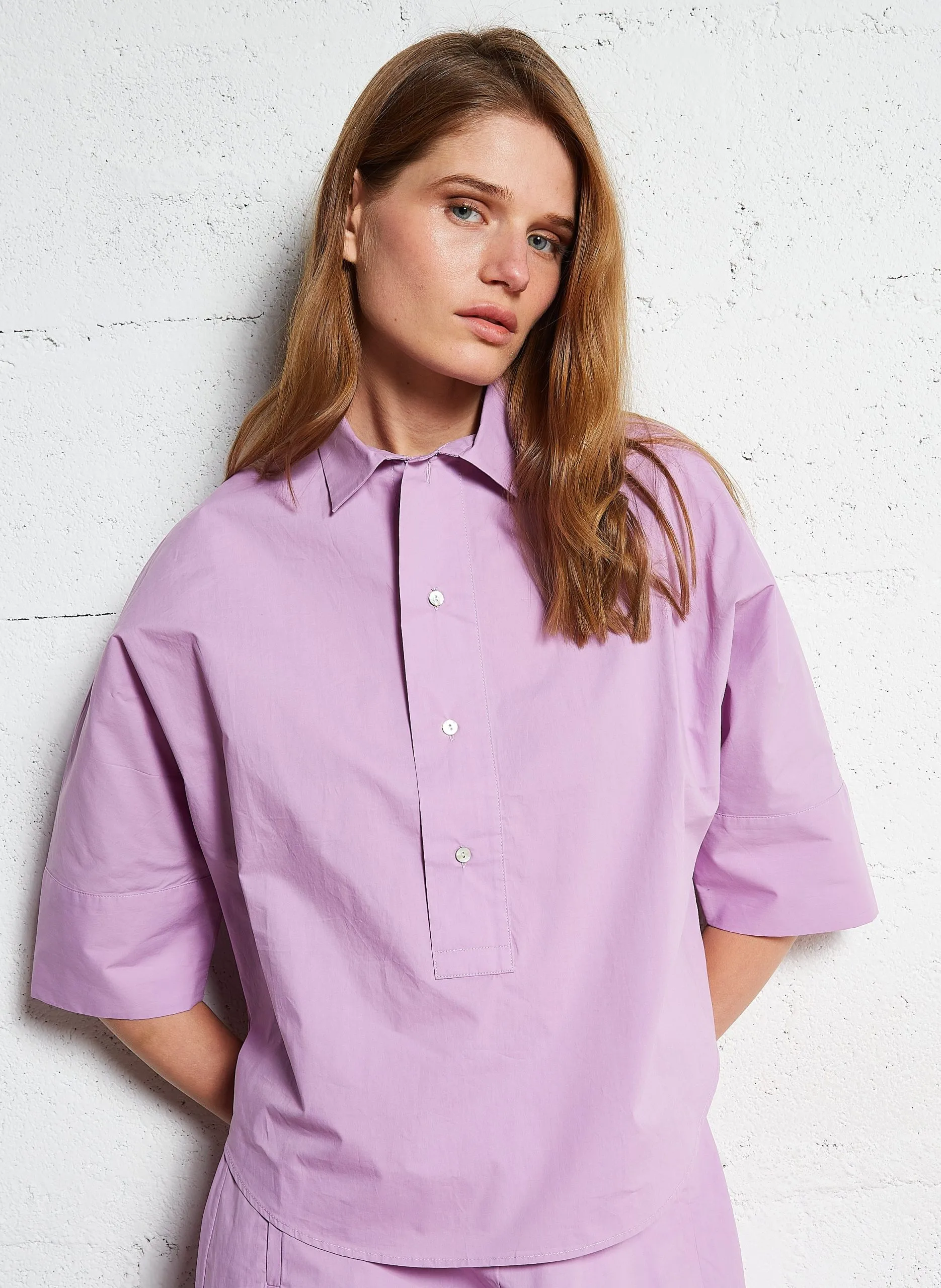 Top oversize boutonné en popeline de coton Violet NADIA