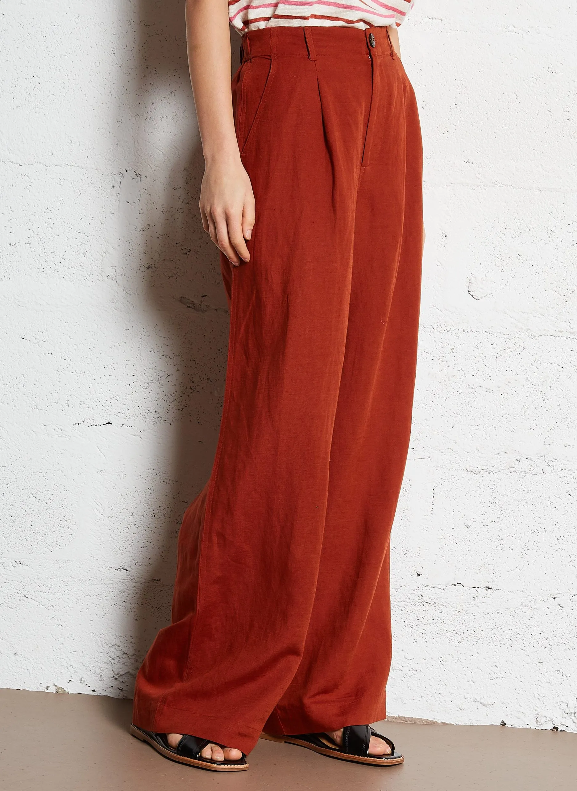 Pantalon large taille haute en lin mélangé Rouge TAHIKO