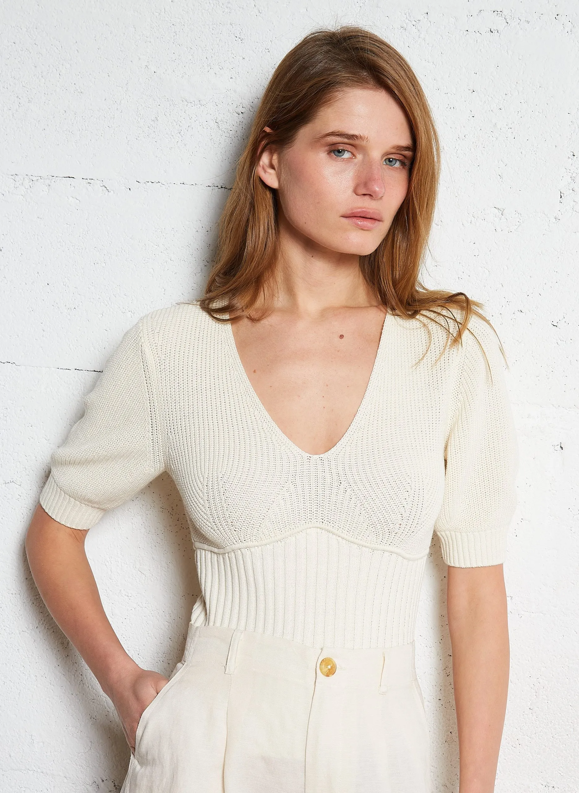 Pull ajusté manches courtes Beige ADELE