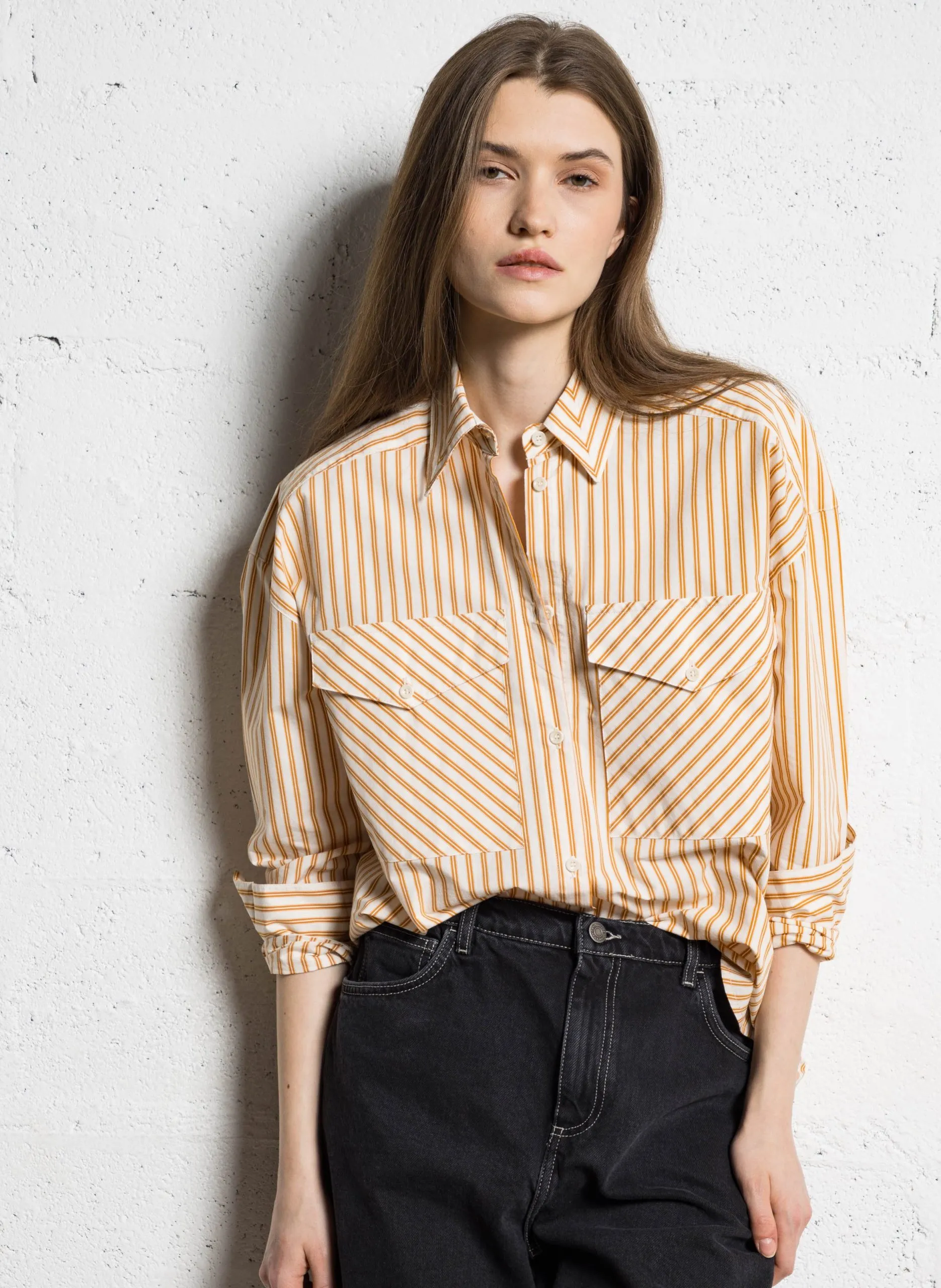 Chemise ample col classique rayée en coton Marron ANDRE