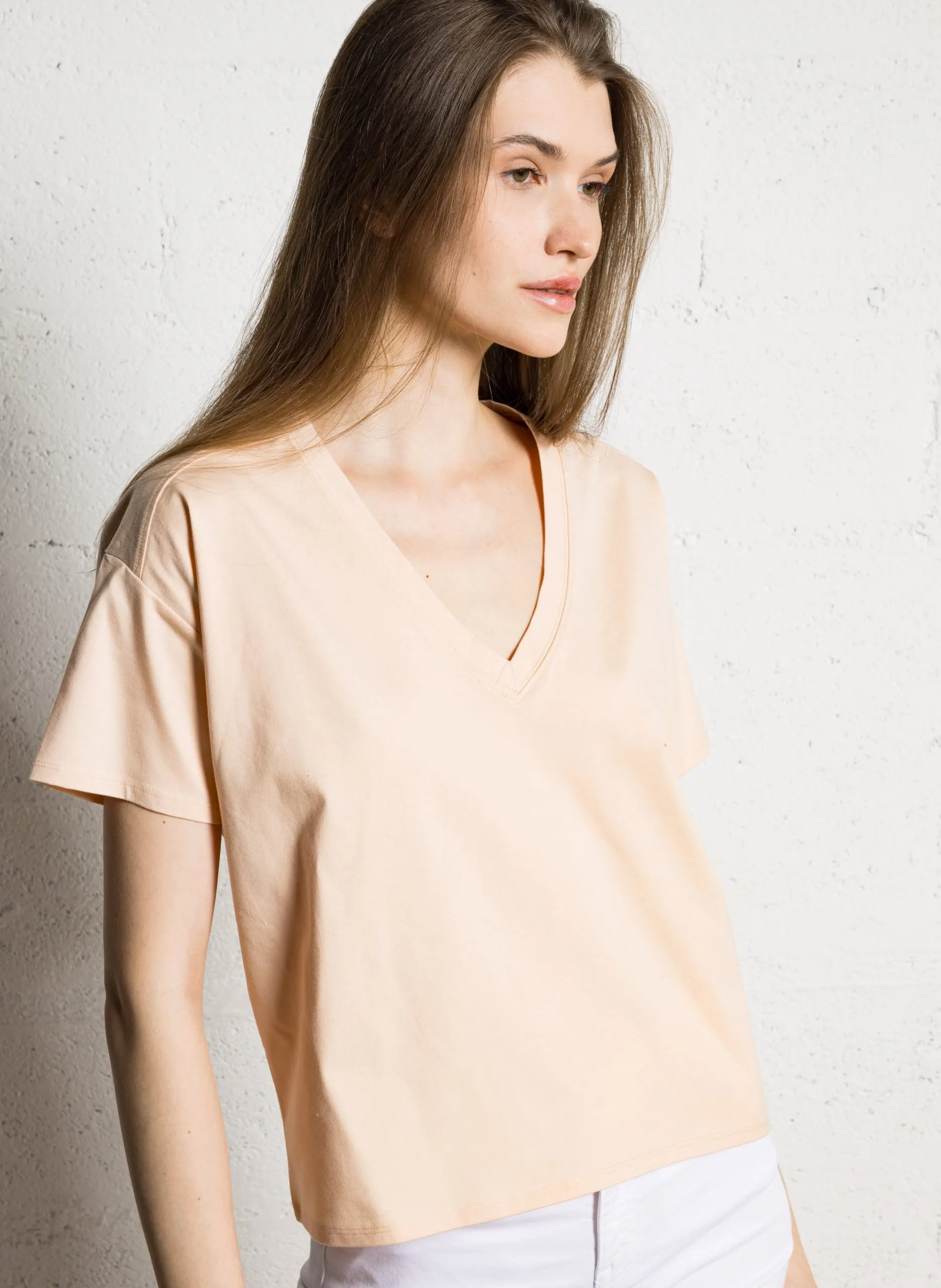 Tee-shirt droit col V en coton Orange ALMA