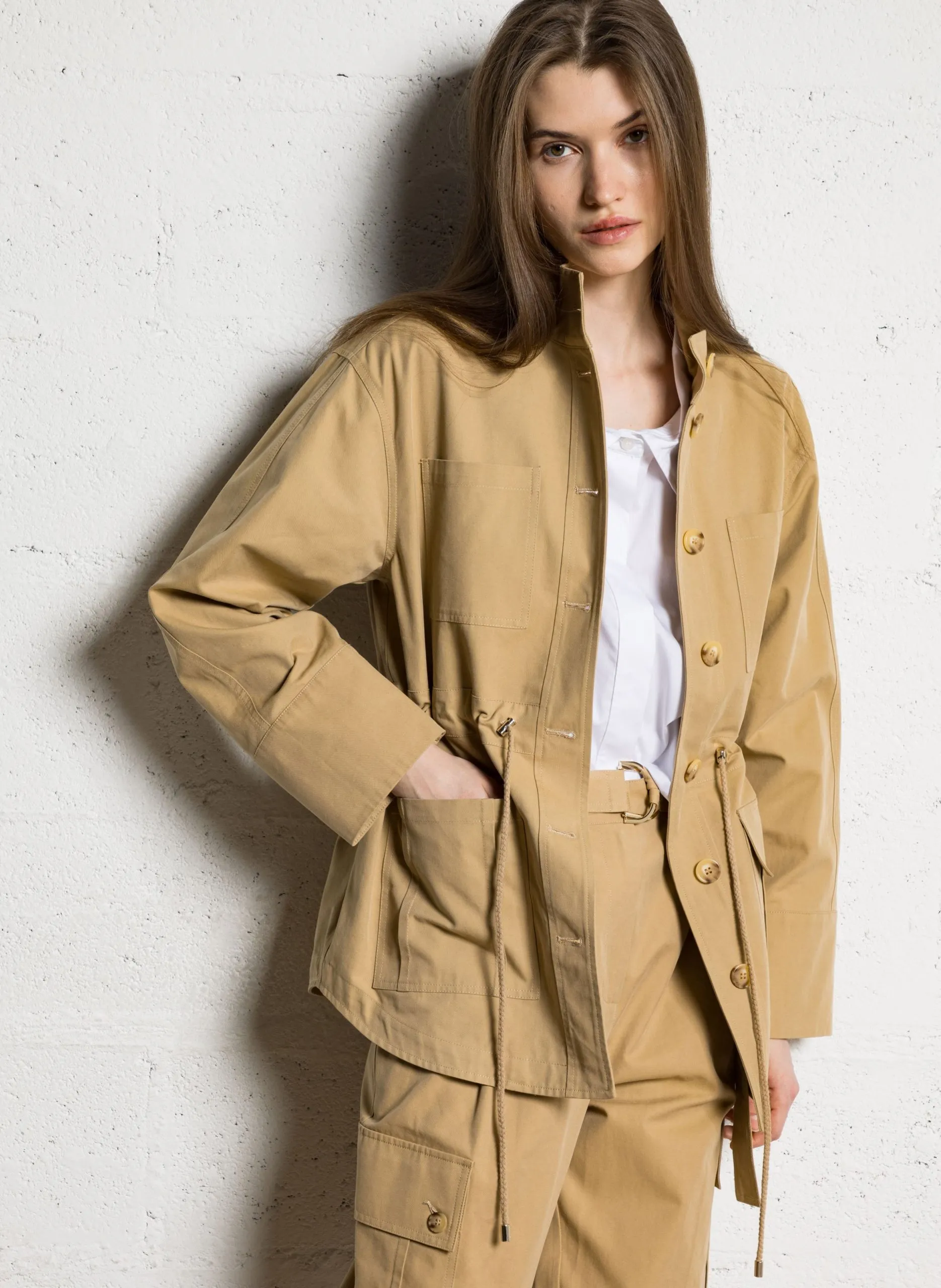 Veste droite col montant en coton mélangé Beige