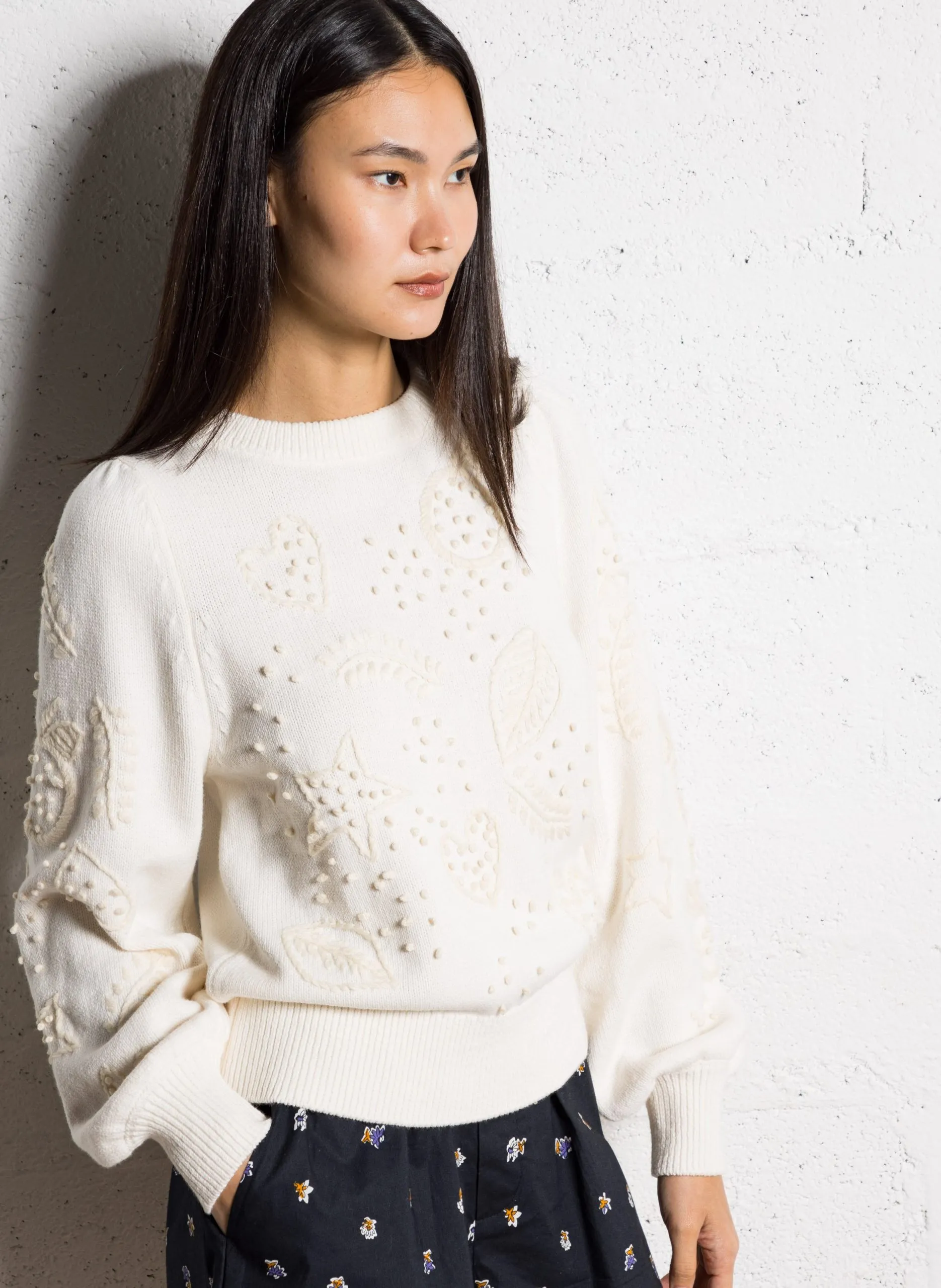 Pull col rond brodé Blanc EDO