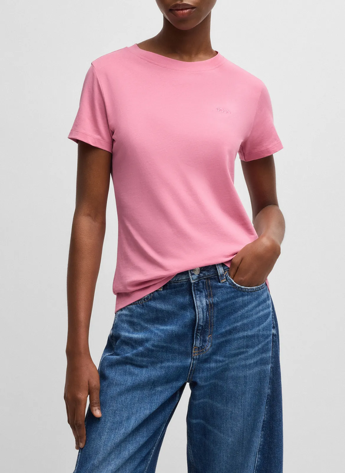 Tee-shirt droit col rond brodé en laine vierge Violet