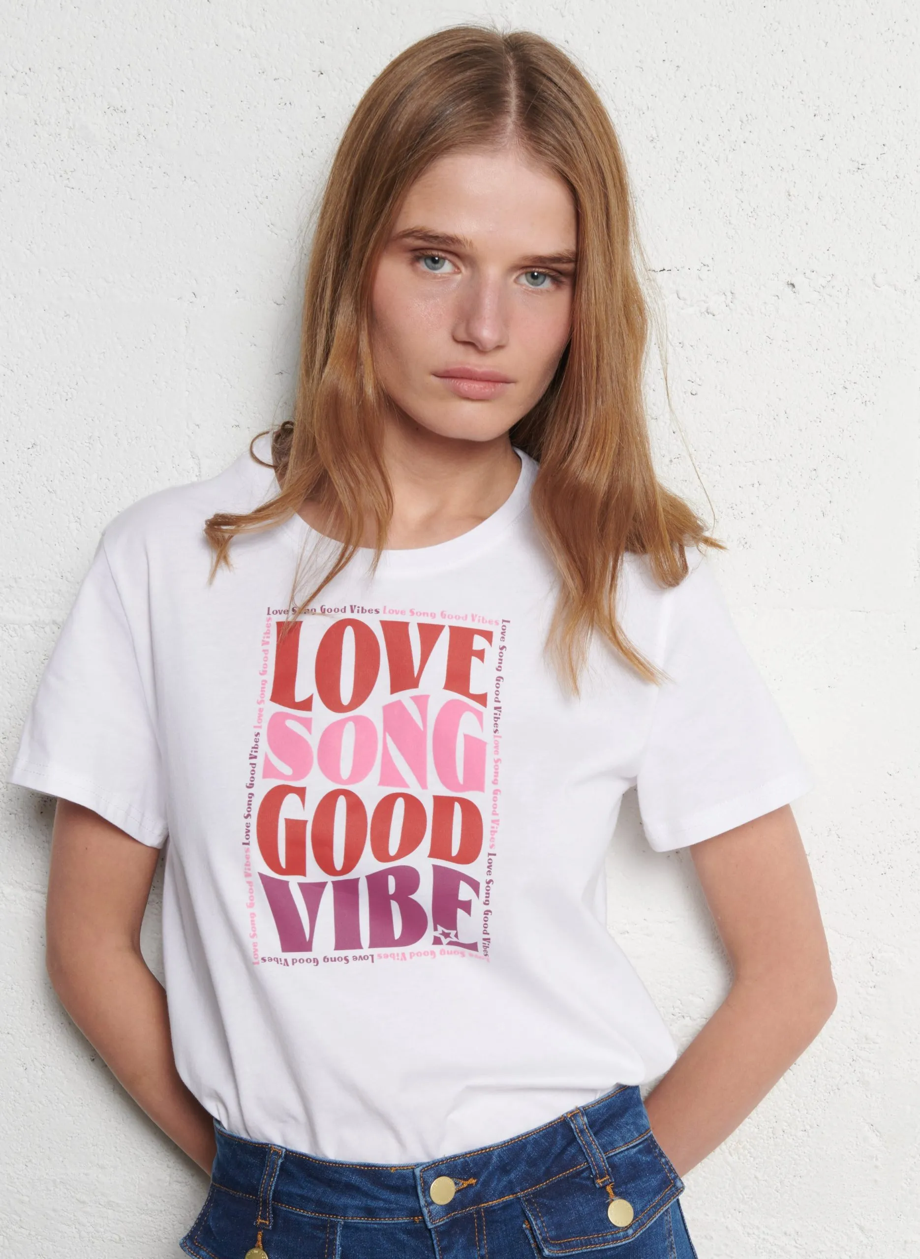 Tee-shirt droit col rond en coton Beige TSONG