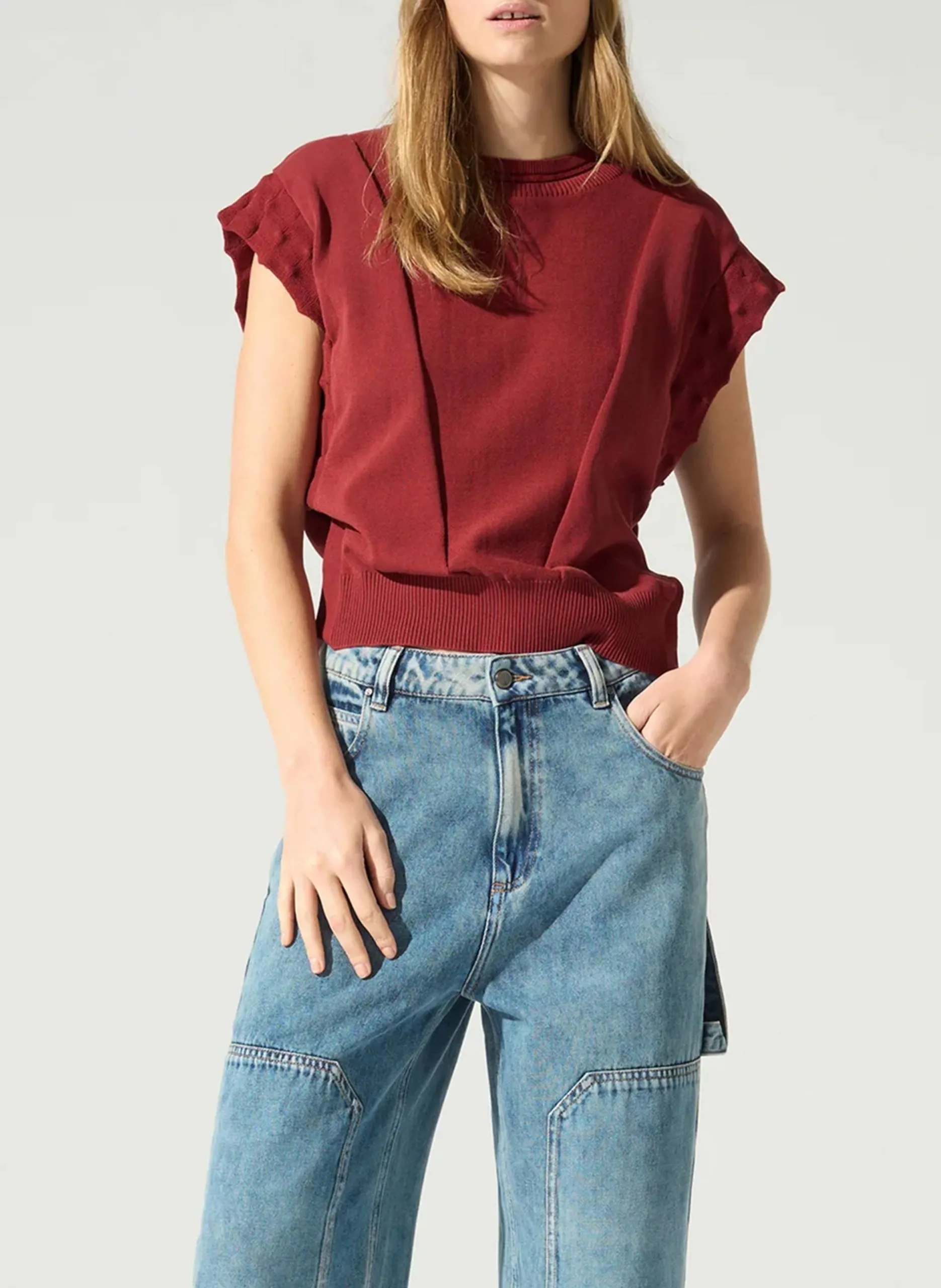 Pull ample col rond en coton mélangé Marron