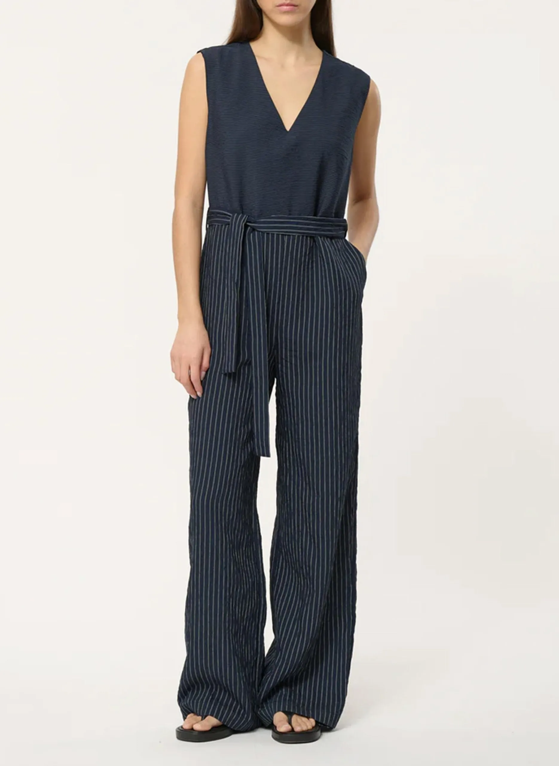 Combinaison col V rayée Bleu