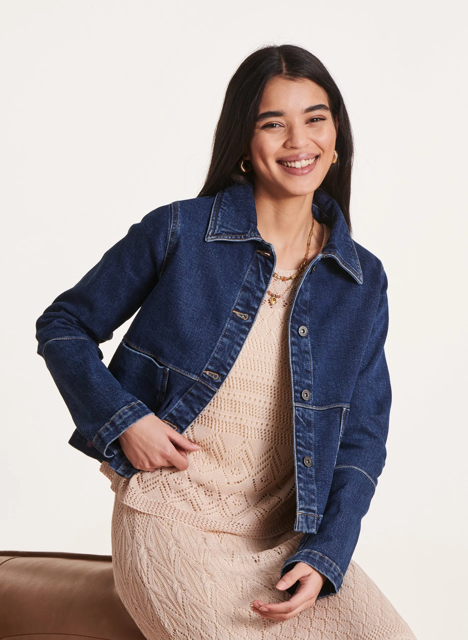 Veste col chemise en denim de coton bio Bleu