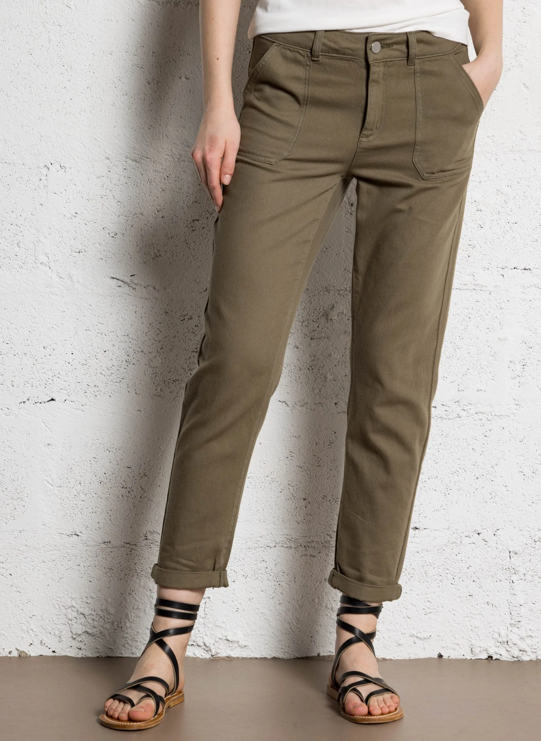 Pantalon slim taille haute en coton Vert NALLA