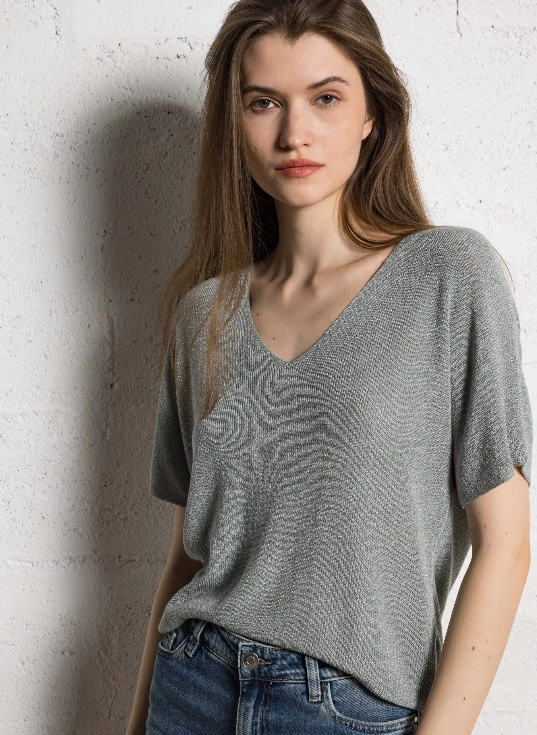 Pull ample manches courtes à paillettes Vert MIKOLLAYX