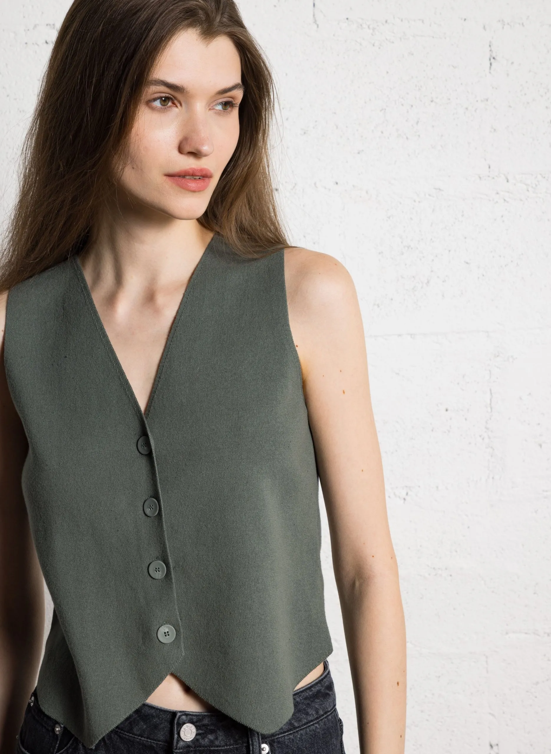 Gilet col V en coton mélangé Vert SUZON