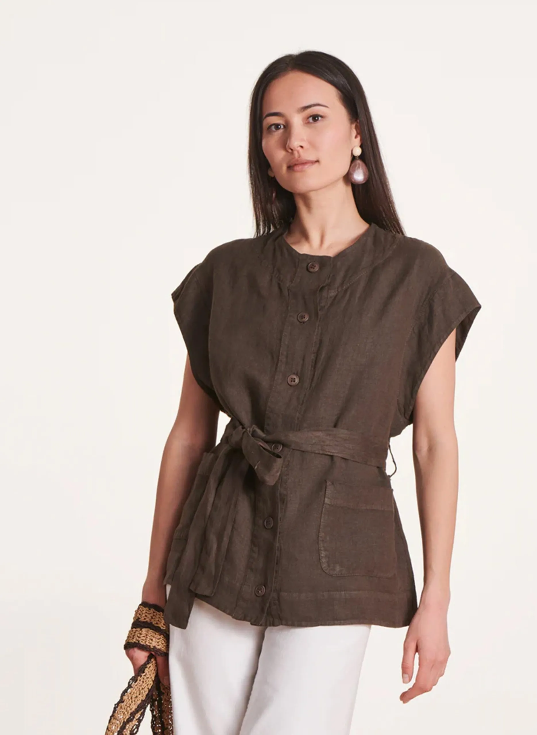 Chemise ample col rond en lin Kaki