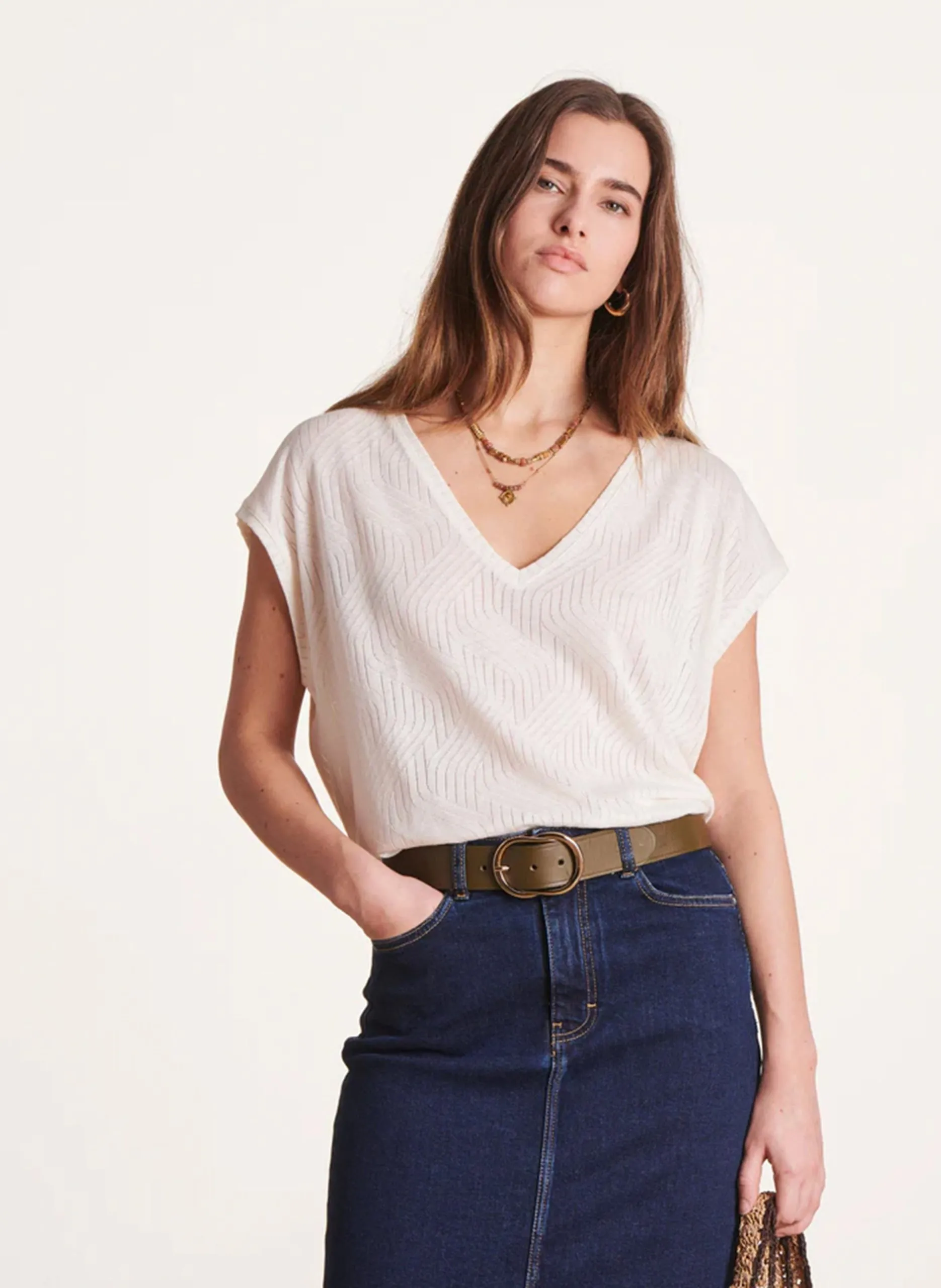 Tee-shirt oversize col V en coton mélangé Blanc