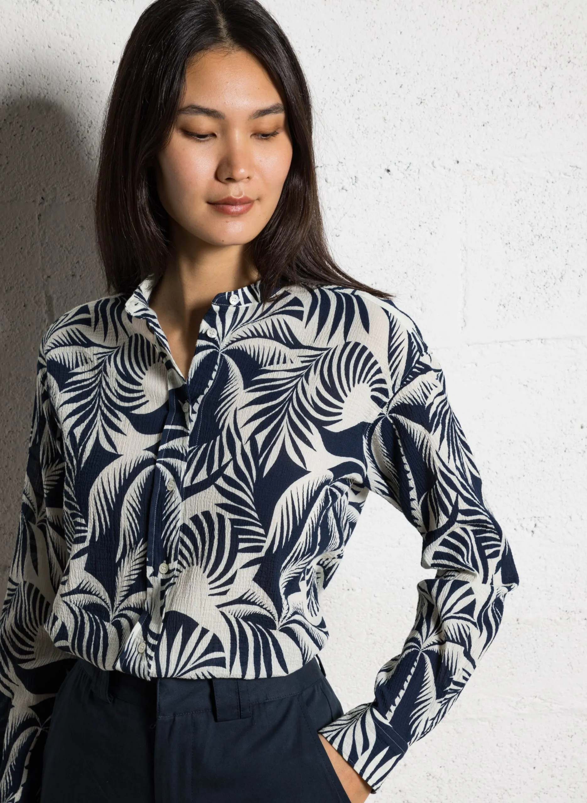 Chemise col mao imprimée en coton Bleu CRISTAL