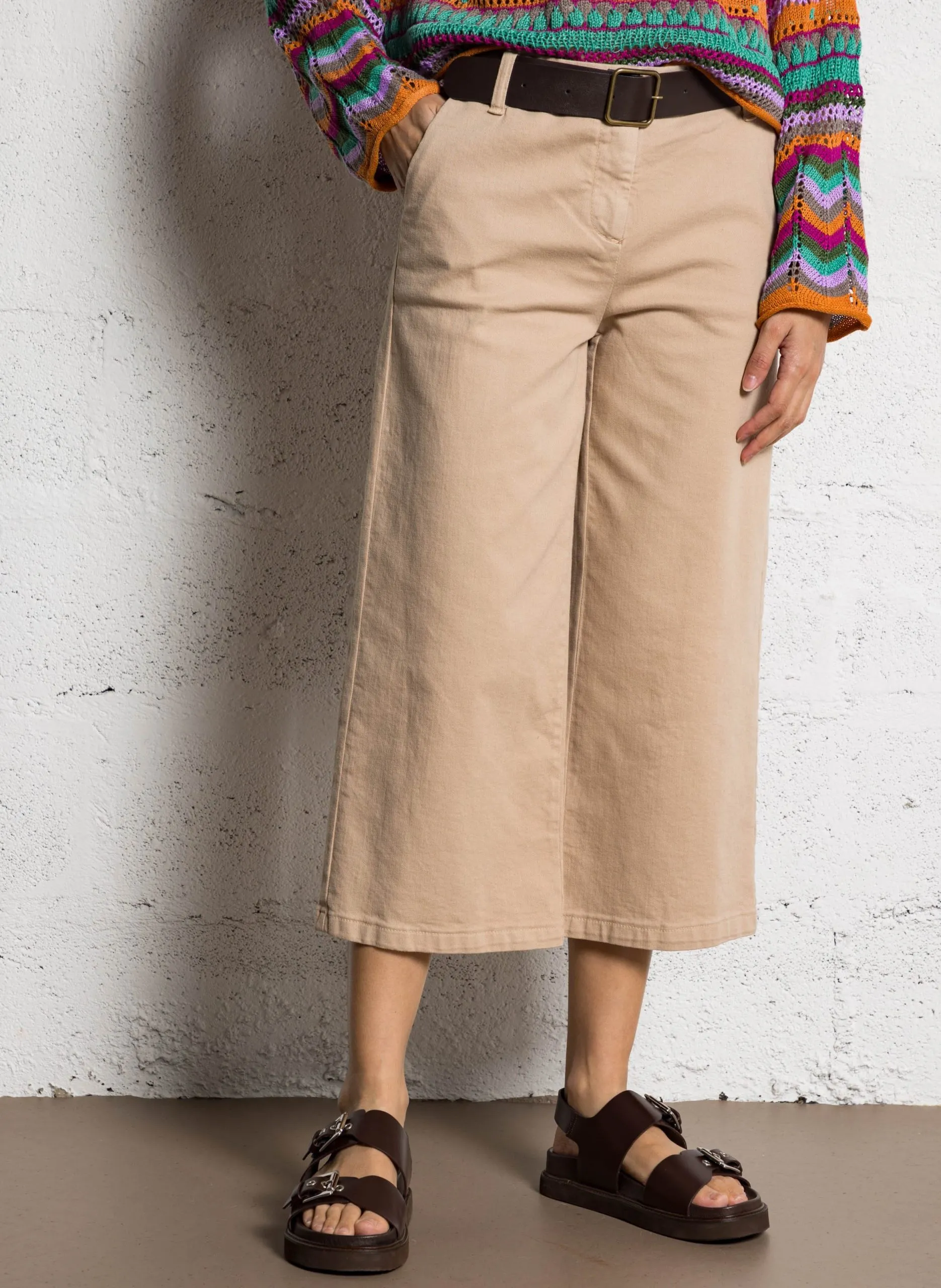 Jean cropped taille haute en coton mélangé Beige