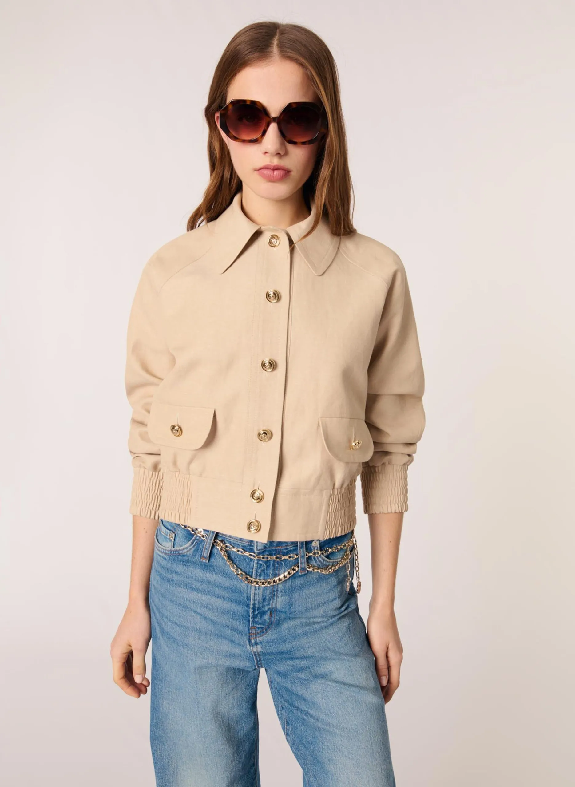 Blouson droit en lin mélangé Beige